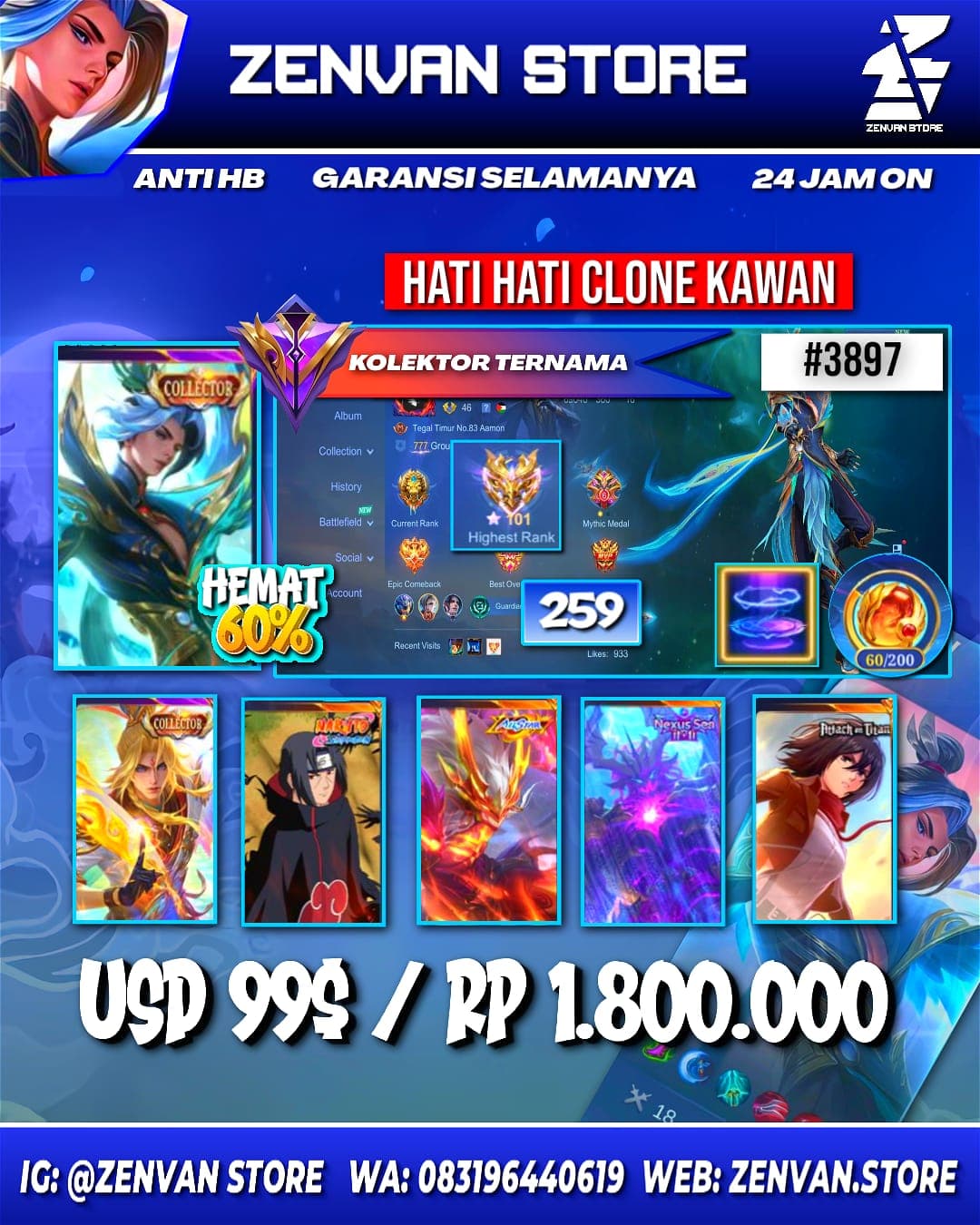 Foto akun ML #3897 🔥 259 Skins 🔥 Collector Ling & Xavier 🔥 Itachi 🔥 Attack on Titan Mikasa 🔥 11.11 Thamuz 🔥 Internal Moskov 🔥 Saint Seiya Chou 🔥 KoF Karina & Gusion 🔥 Prime Granger 🔥 SpongeBob 🔥 Many Li - gambar 1