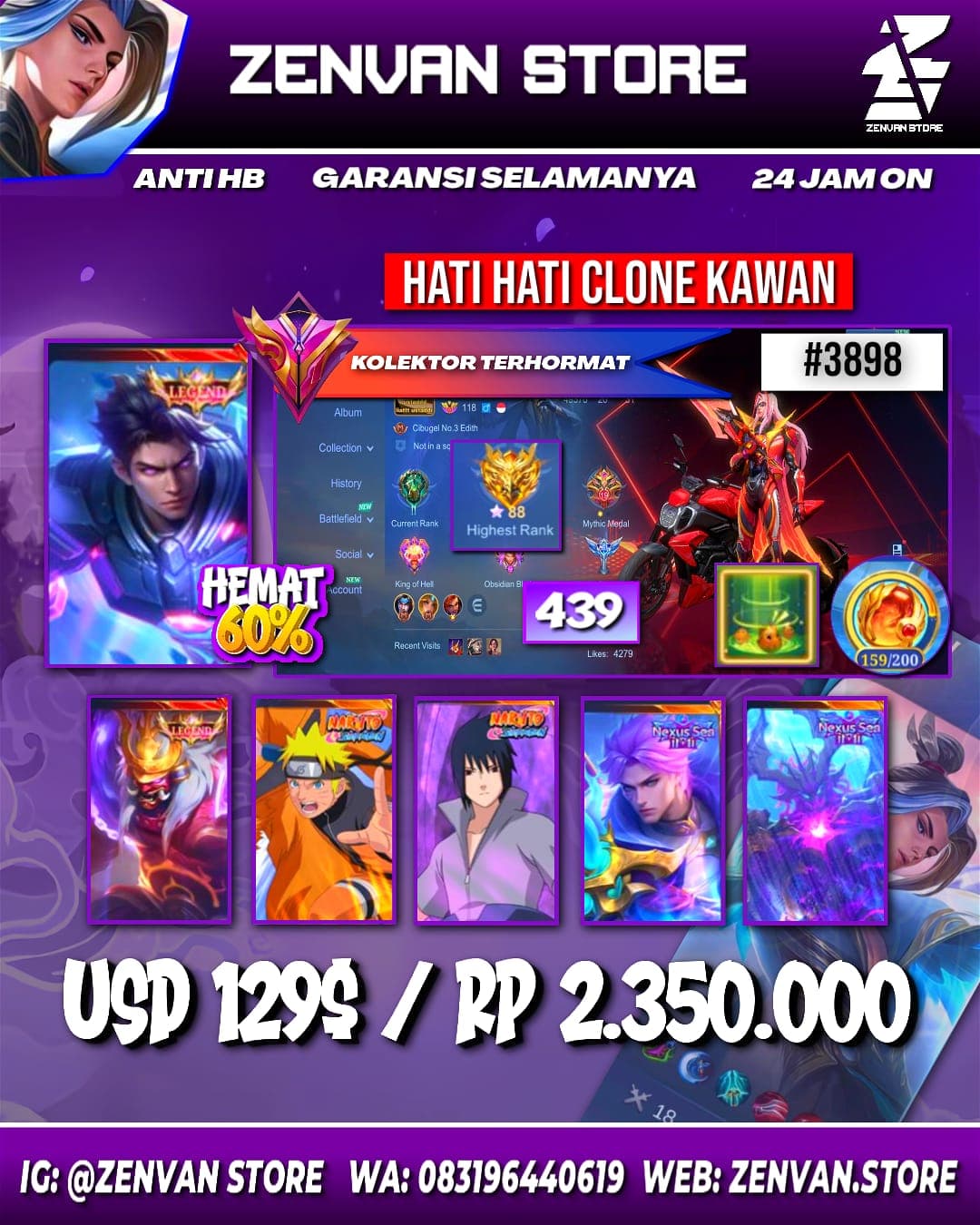 Foto akun ML #3898 🔥 439 Skins 🔥 Legend Franco & Alucard 🔥 Collector Arlot, Aamon & Natalia 🔥 Neobeast Pharsa 🔥 Naruto & Sasuke 🔥 Aspirant Guinevere 🔥 Zero X Borg 🔥 Ducati Leomord 🔥 Internal Moskov 🔥 11. - gambar 1