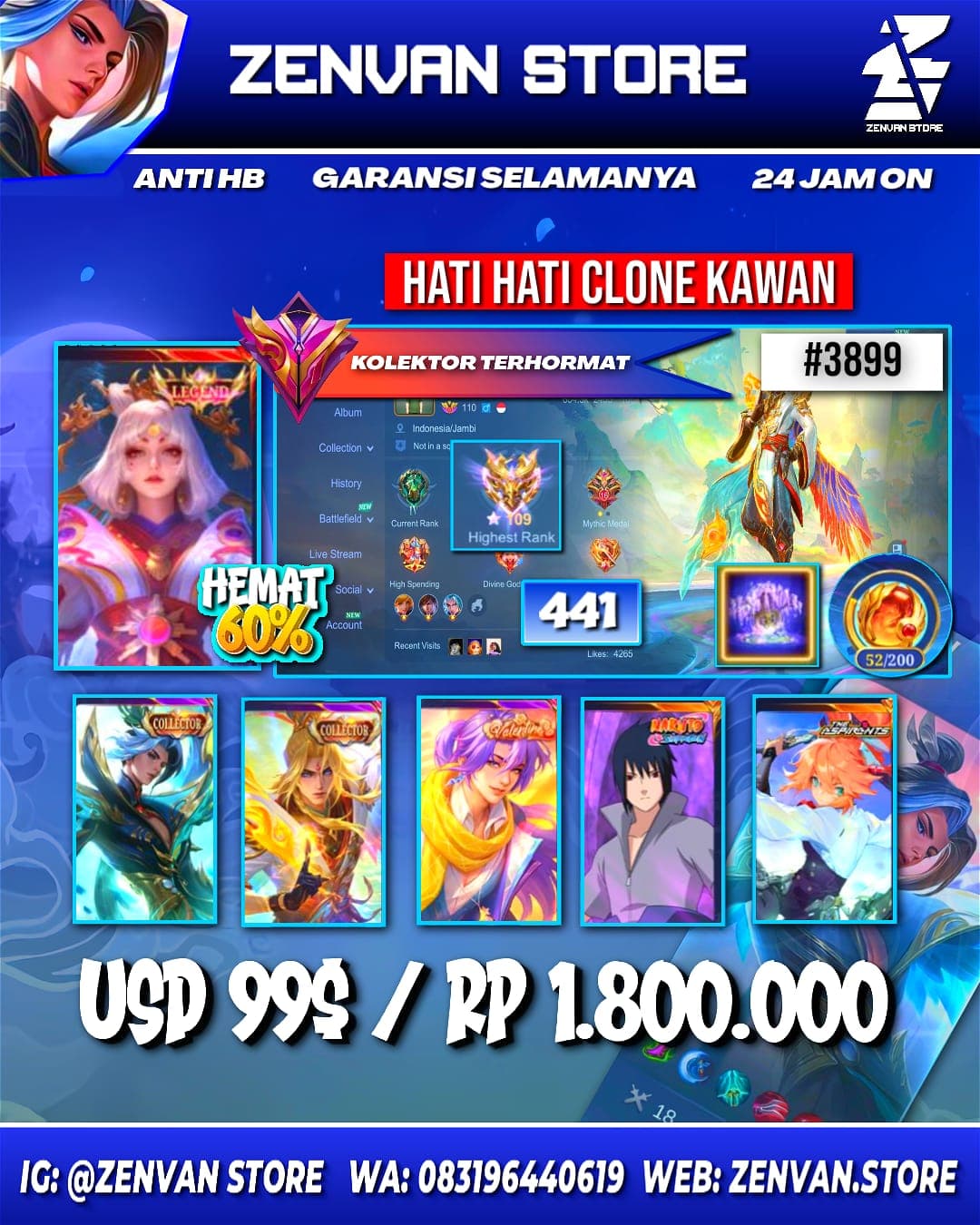 Foto akun ML #3899 🔥 441 Skins 🔥 Legend Lunox 🔥 Collector Ling, Xavier, Silvana & Natalia 🔥 Valentine Lance 🔥 Sasuke 🔥 Aspirant Fanny 🔥 KoF Gusion & Karina 🔥 Prime Claude & Yu Zhong 🔥 Transformer Roger 🔥 - gambar 1