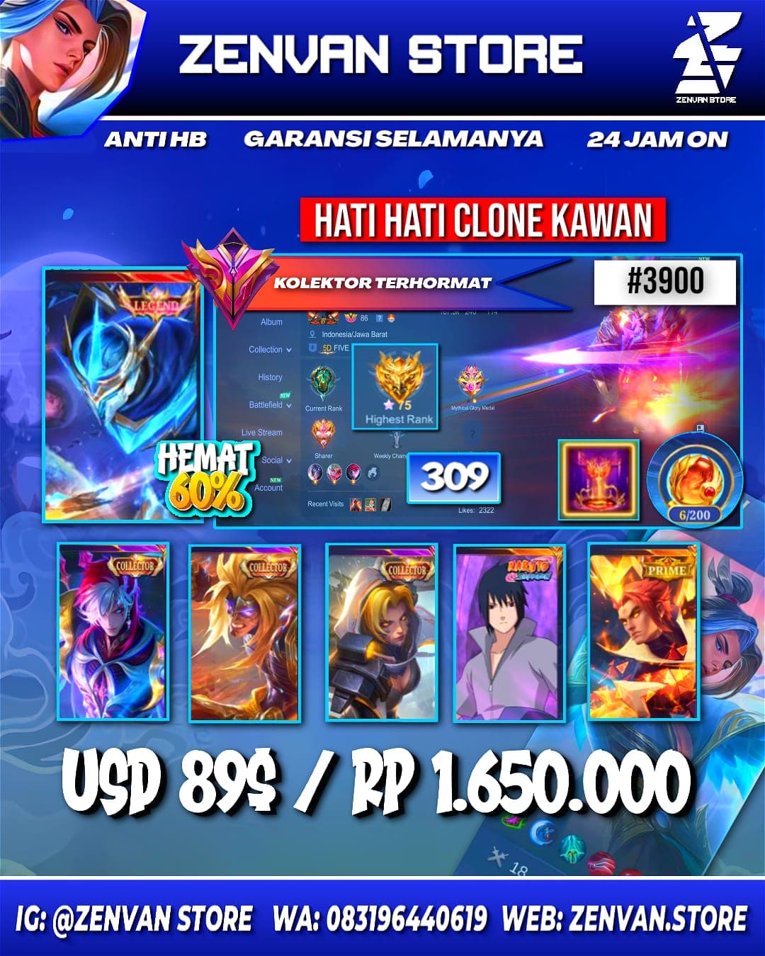 Foto akun ML #3900 🔥 309 Skins 🔥 Legend Gusion 🔥 Collector Aamon, Badang & Natalia 🔥 Sasuke 🔥 Prime Yu Zhong 🔥 SpongeBob 🔥 KoF Karina 🔥 Many Limited 🔥 Many Zodiac 🔥 Many Epic 🔥 Safe Account ✅ - gambar 1