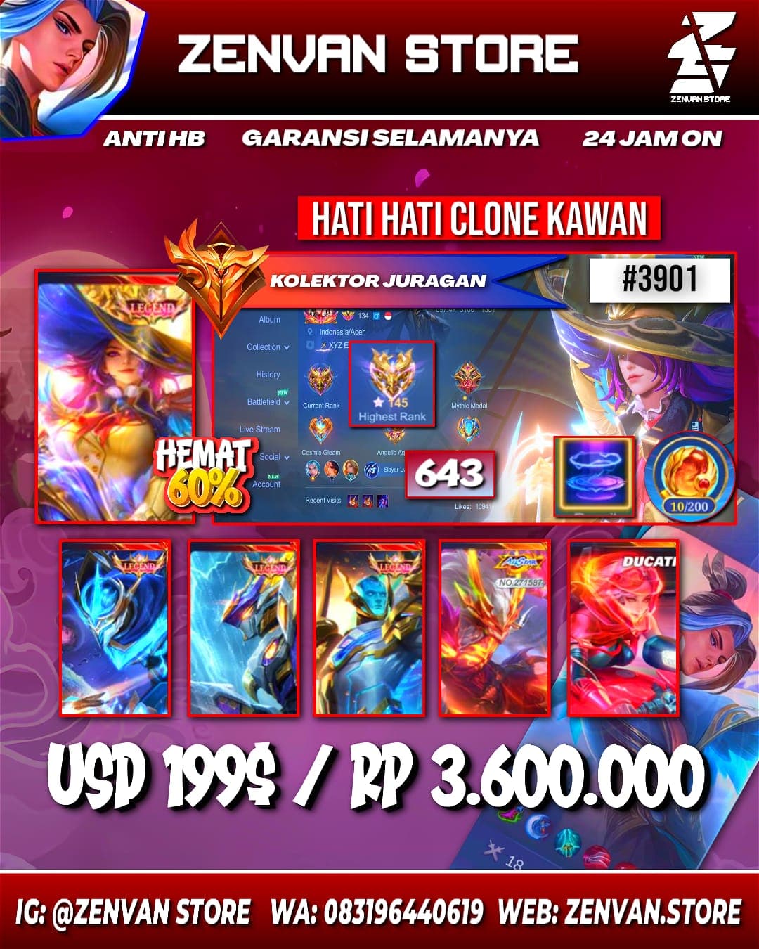Foto akun ML #3901 🔥 643 Skins 🔥 Legend Lesley, Gusion, Saber & Gord 🔥 Collector Cecilion, Yin Shun Shin, Kufra & Natalia 🔥 11.11 Nolan 🔥 Kakashi 🔥 Sakura 🔥 HunterxHunter Hisoka 🔥 Jujutsu Kaisen Gojo & Meg - gambar 1
