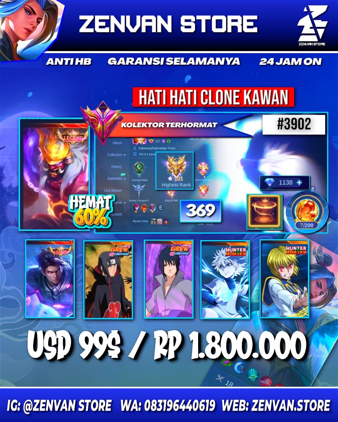 Foto akun ML #3902 🔥 369 Skins 🔥 Legend Franco & Alucard 🔥 Collector Natalia 🔥 Itachi 🔥 Sasuke 🔥 HunterxHunter Killua & Kurapika 🔥 Prime Claude 🔥 KoF Karina 🔥 Many Limited 🔥 Many Zodiac 🔥 Many Epic 🔥 S - gambar 1