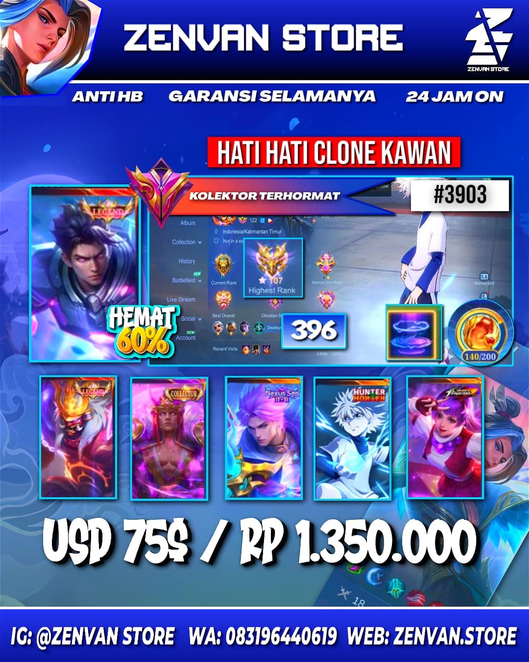 Foto akun ML #3903 🔥 396 Skins 🔥 Legend Alucard & Franco 🔥 Collector Natalia 🔥 HunterxHunter Killua 🔥 11.11 Nolan 🔥 KoF Guinevere & Karina 🔥 Prime Claude 🔥 SpongeBob 🔥 Many Limited 🔥 Many Zodiac 🔥 Many - gambar 1