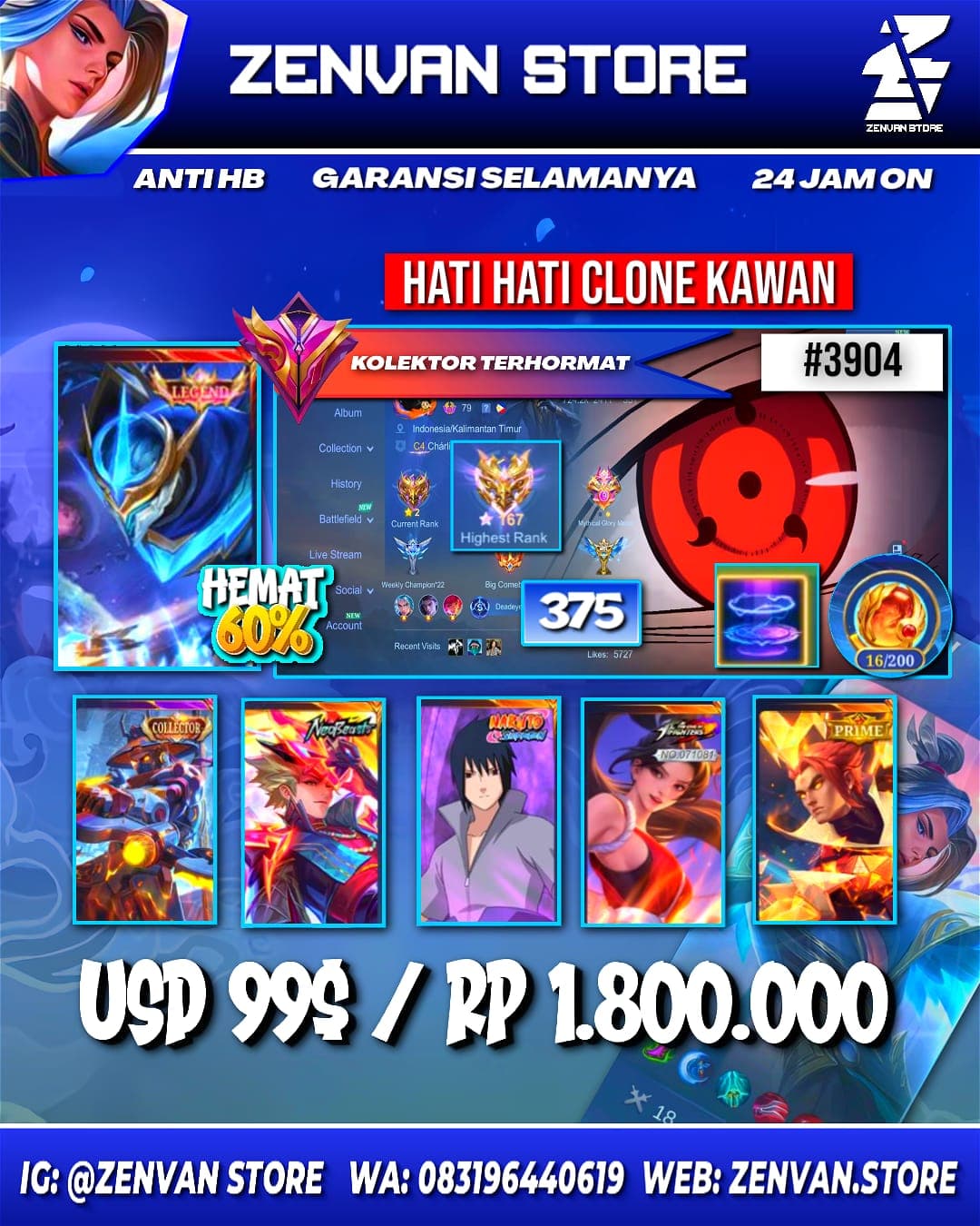 Foto akun ML #3904 🔥 375 Skins 🔥 Legend Gusion 🔥 Collector Ling, Yin Shun Shin & Natalia 🔥 Neobeast Ling & Pharsa 🔥 Sasuke 🔥 KoF Masha 🔥 Prime Yu Zhong & Beatrix 🔥 SpongeBob 🔥 Many Limited 🔥 Many Zodiac - gambar 1