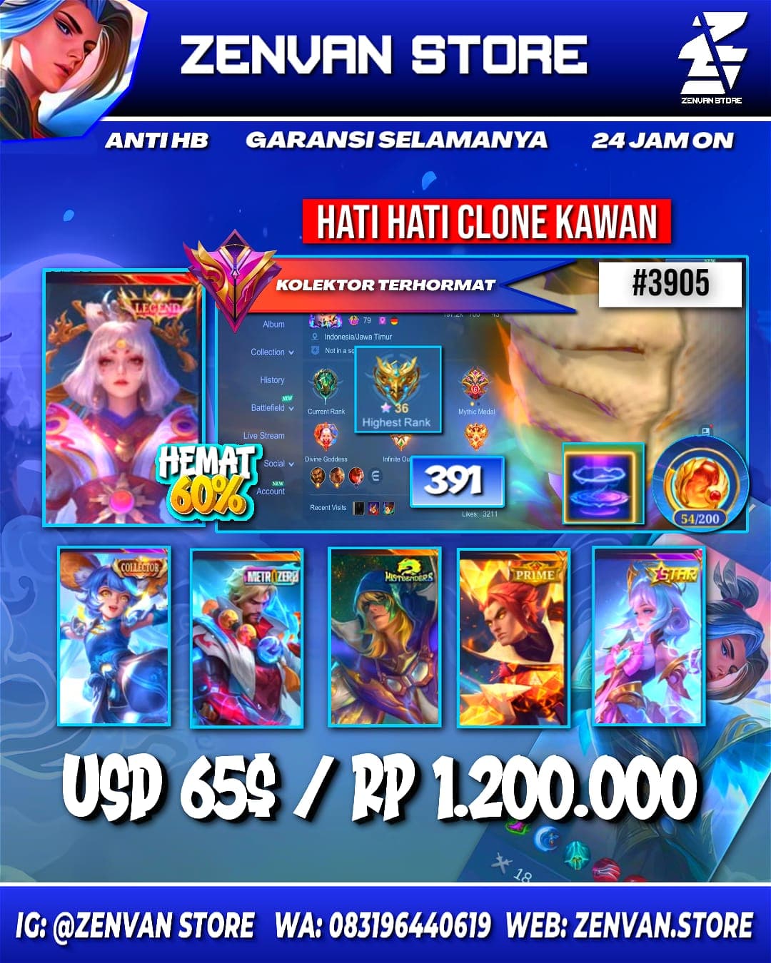 #3905 🔥 391 Skins 🔥 Legend Lunox 🔥 Collector Nana & Natalia 🔥 Zero Roger 🔥 Mistbender Aldous 🔥 Prime Yu Zhong 🔥 Stun Chou & Selena 🔥 KoF Karina 🔥 Many Limited 🔥 Many Zodiac 🔥 Many Epic 🔥 S