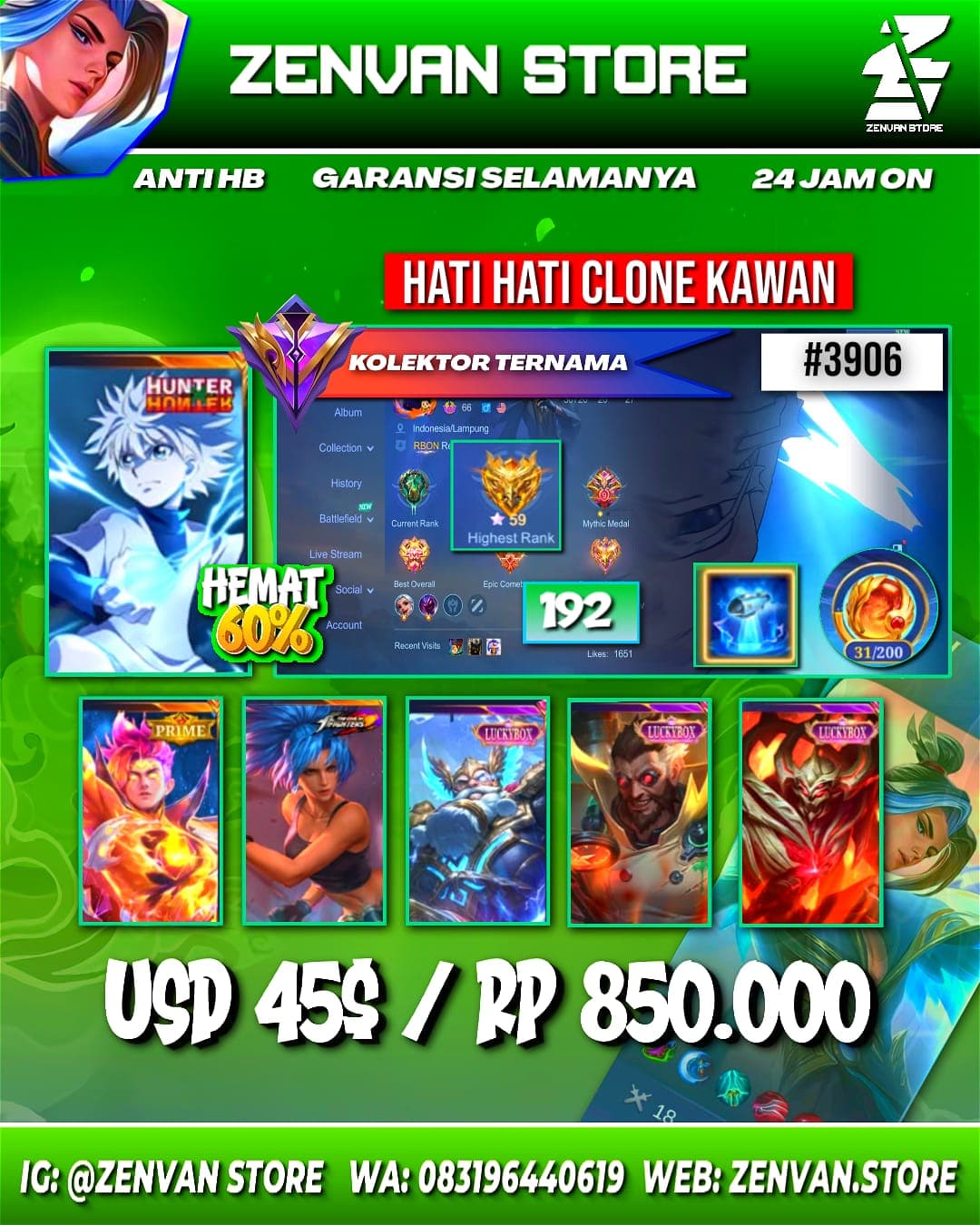 #3906 🔥 192 Skins 🔥 HunterxHunter Killua 🔥 Prime Claude 🔥 KoF Karina 🔥 Many Limited 🔥 Many Epic 🔥 Safe Account ✅