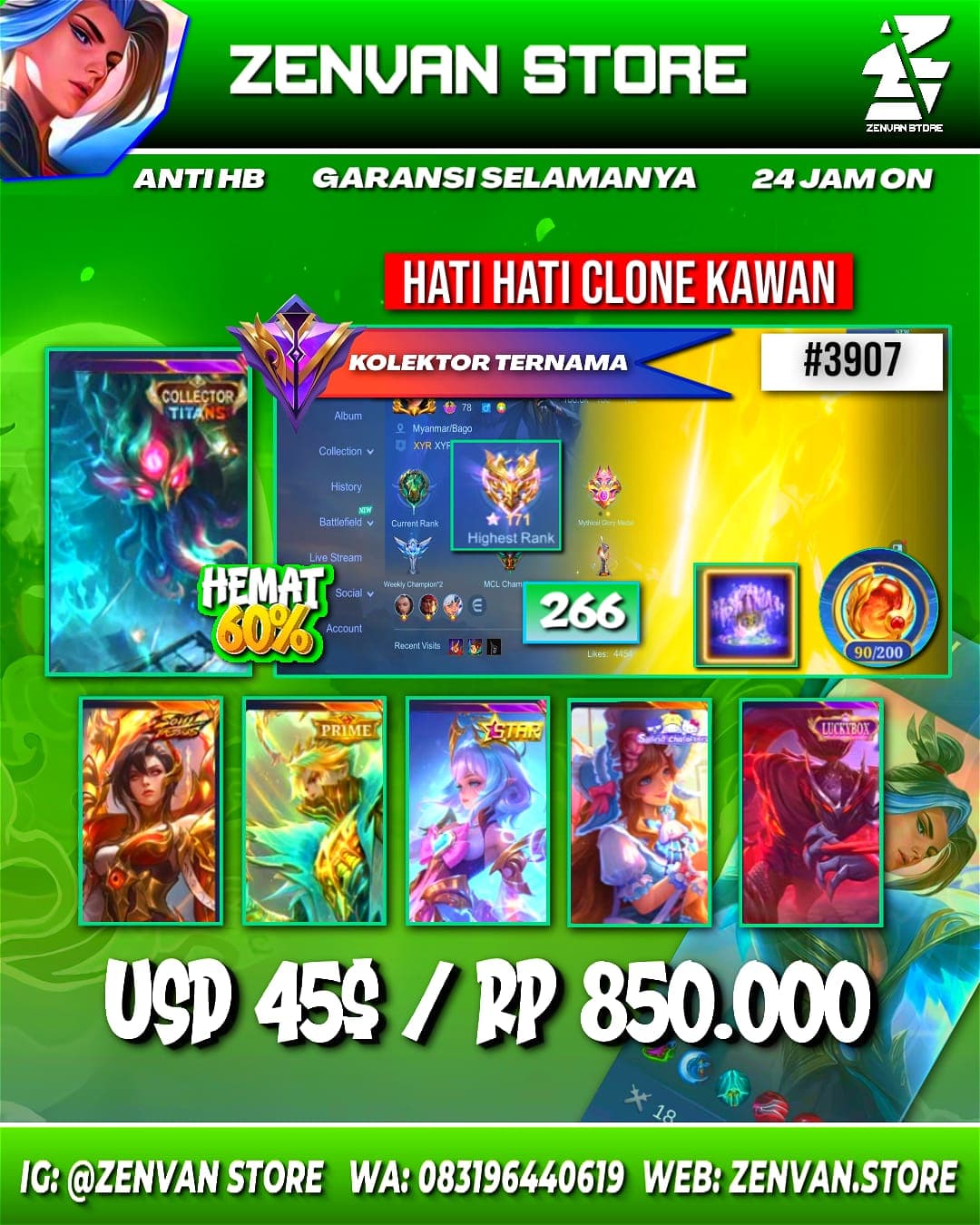 #3907 🔥 266 Skins 🔥 Collector Grok 🔥 Soul Valls Benedetta 🔥 Prime Granger 🔥 KoF Karina 🔥 Many Limited 🔥 Many Zodiac 🔥 Many Epic 🔥 Safe Account ✅