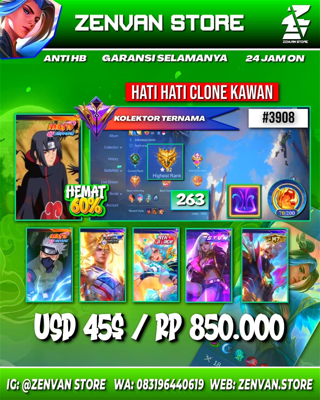#3908 🔥 263 Skins 🔥 Collector Natalia 🔥 Itachi 🔥 Kakashi 🔥 SpongeBob 🔥 Stun Selena 🔥 Many Limited 🔥 Many Epic 🔥 Safe Account ✅