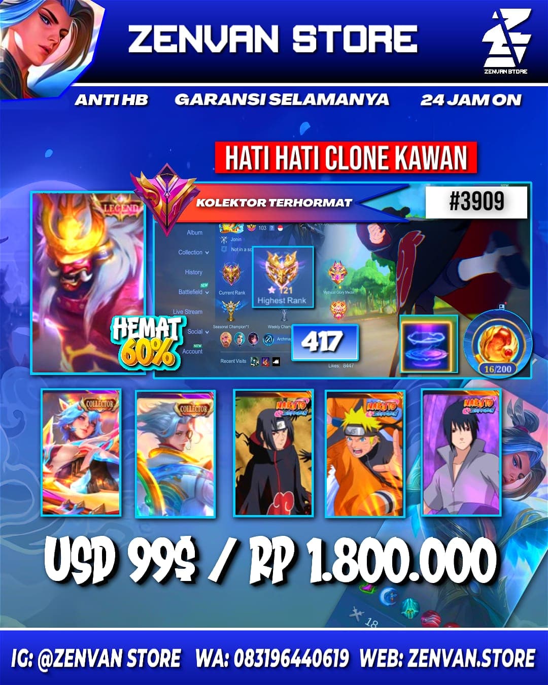 #3909 🔥 417 Skins 🔥 Legend Franco 🔥 Collector Kimmy, Natan & Natalia 🔥 Itachi, Naruto & Sasuke 🔥 Prime Granger, Claude, Yu Zhong & Beatrix 🔥 SpongeBob & Petrix 🔥 Clouds Kagura 🔥 Stun Selena 🔥