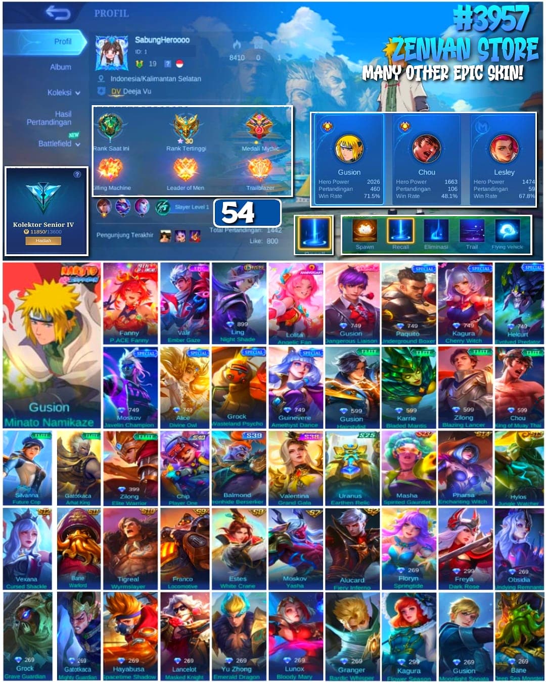 Foto akun ML #3957 🔥 54 Skins 🔥 Minato 🔥 Many Epic 📱 Android Only 🔥 Safe Account ✅ - gambar 1