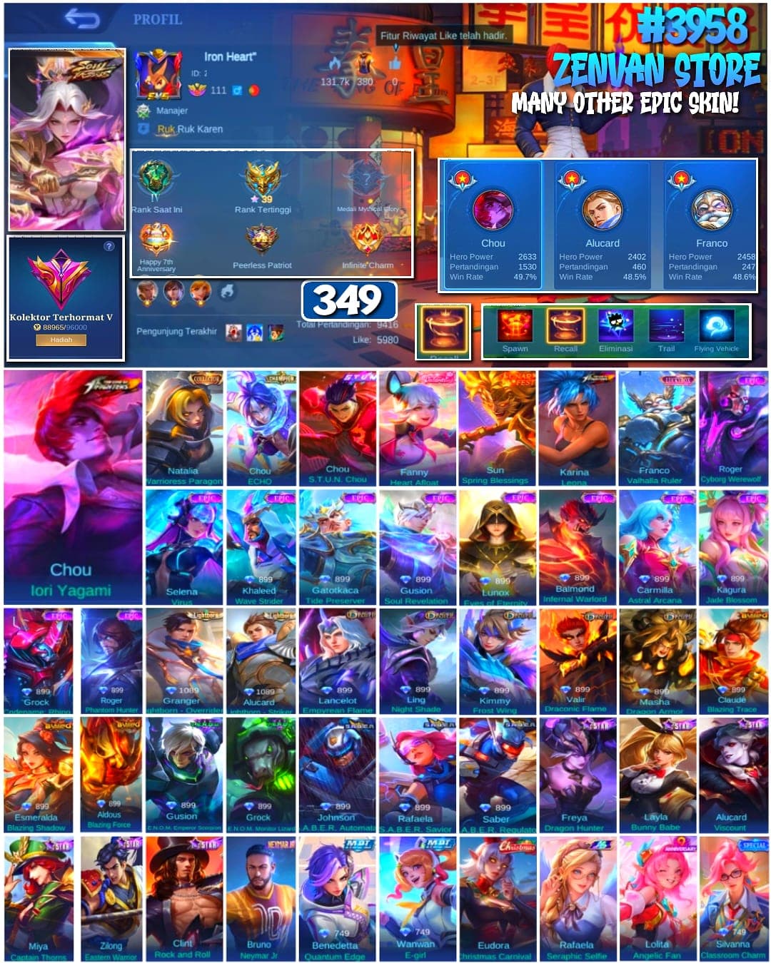 Foto akun ML #3958 🔥 349 Skins 🔥 Collector Natalia 🔥 KoF Chou & Karina 🔥 Stun Chou 🔥 Many Limited 🔥 Many Epic 🔥 Safe Account ✅ - gambar 1