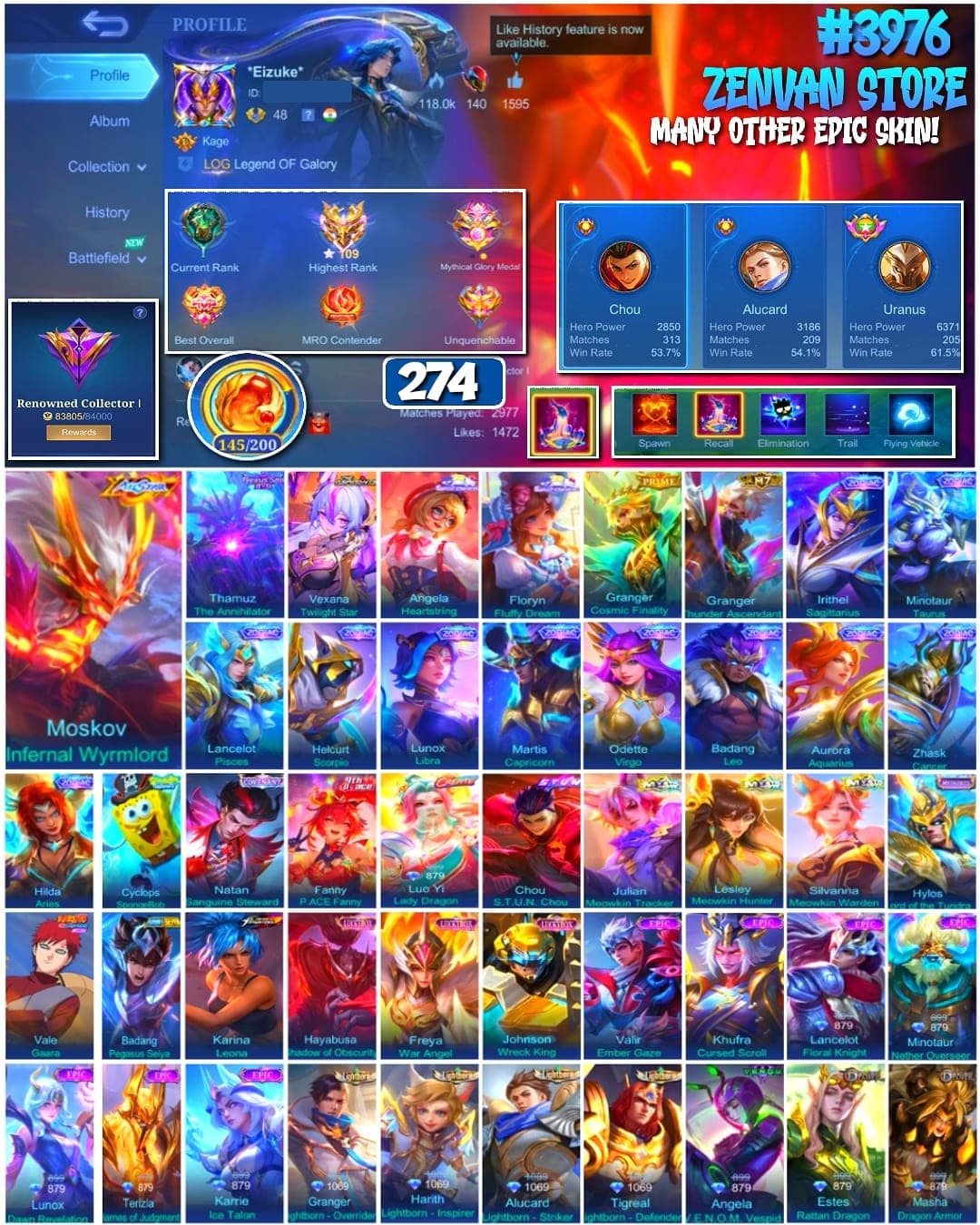 Foto akun ML 🔥 #3976 🔥 274 Skins 💎 Renowned Collector 👑 All-Star Skin ⚔️ Prime Granger ⭐ M7 Granger Thunder Ascendant 🌟 Zodiac Irithel & Minotaur ✅ - gambar 1