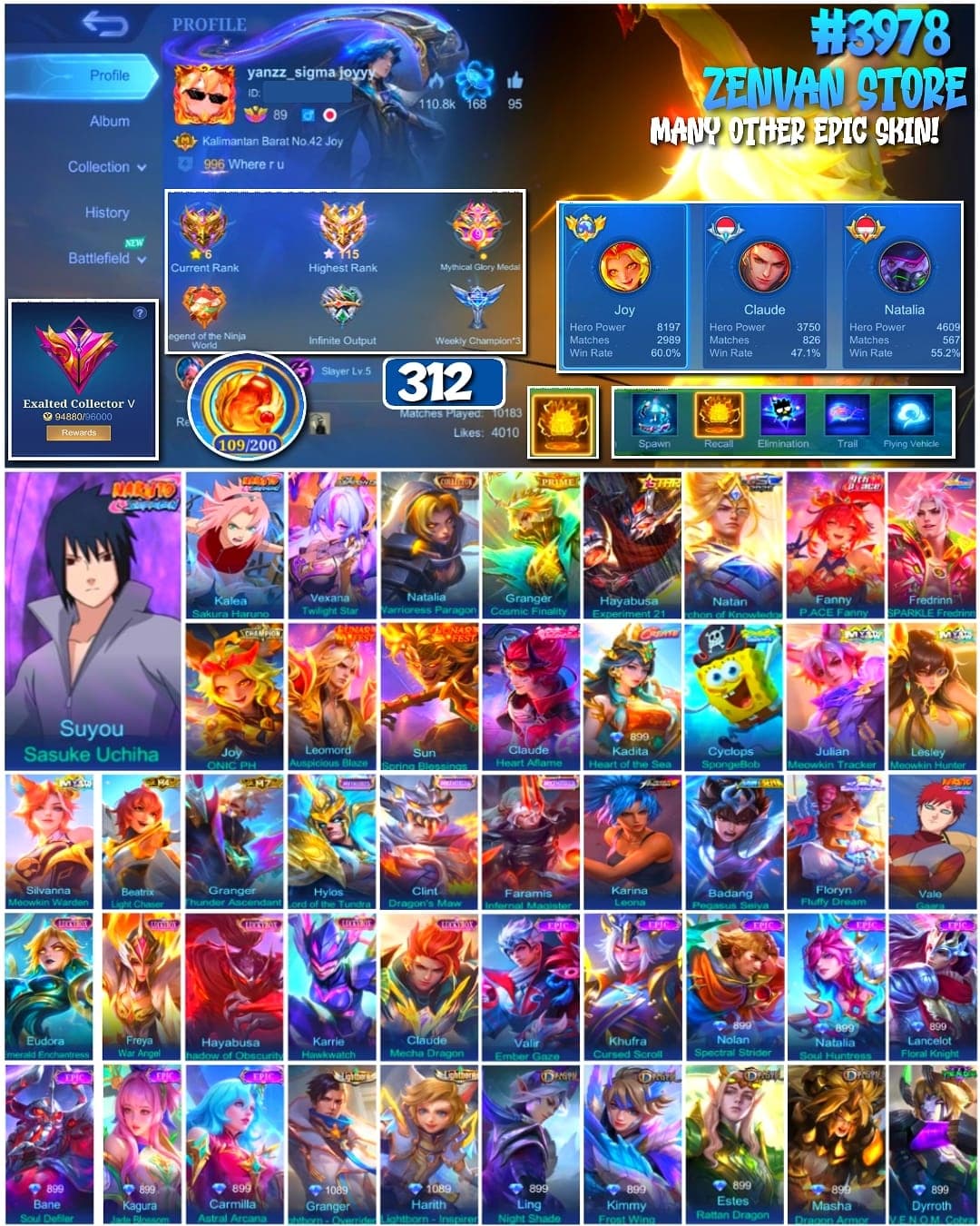 Foto akun ML 🔥 #3978 🔥 312 Skins 💎 Exalted Collector V 👑 Naruto Sasuke & Sakura ⚔️ Collector Natalia ⭐ Prime Granger 🌟 Star Hayabusa 🎯 P.ACE Fanny ✅ - gambar 1