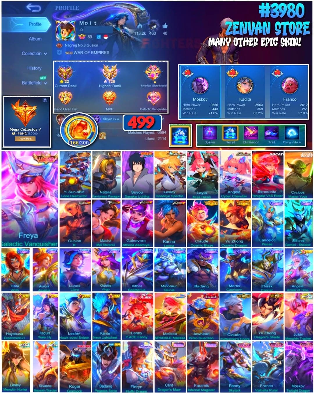 Foto akun ML 🔥 #3980 🔥 499 Skins 💎 MEGA COLLECTOR V 👑 Legend Skin ⚔️ Collector Yi Sun-shin, Natalia & Lesley ⭐ Naruto Sasuke 🌟 Star Wars Master Yoda ✅ - gambar 1