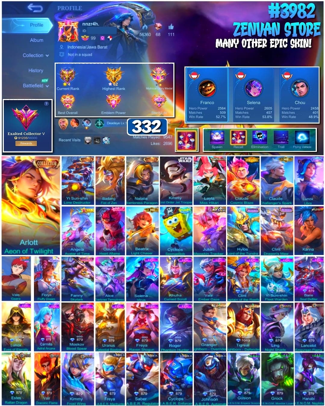 Foto akun ML 🔥 #3982 🔥 332 Skins 💎 Exalted Collector V 👑 Collector Yi Sun-shin, Badang & Natalia ⚔️ Star Wars Kimmy ⭐ Prime Claude 🌟 M8 Claude 🎯 Zodiac Lunox Libra ✅ - gambar 1