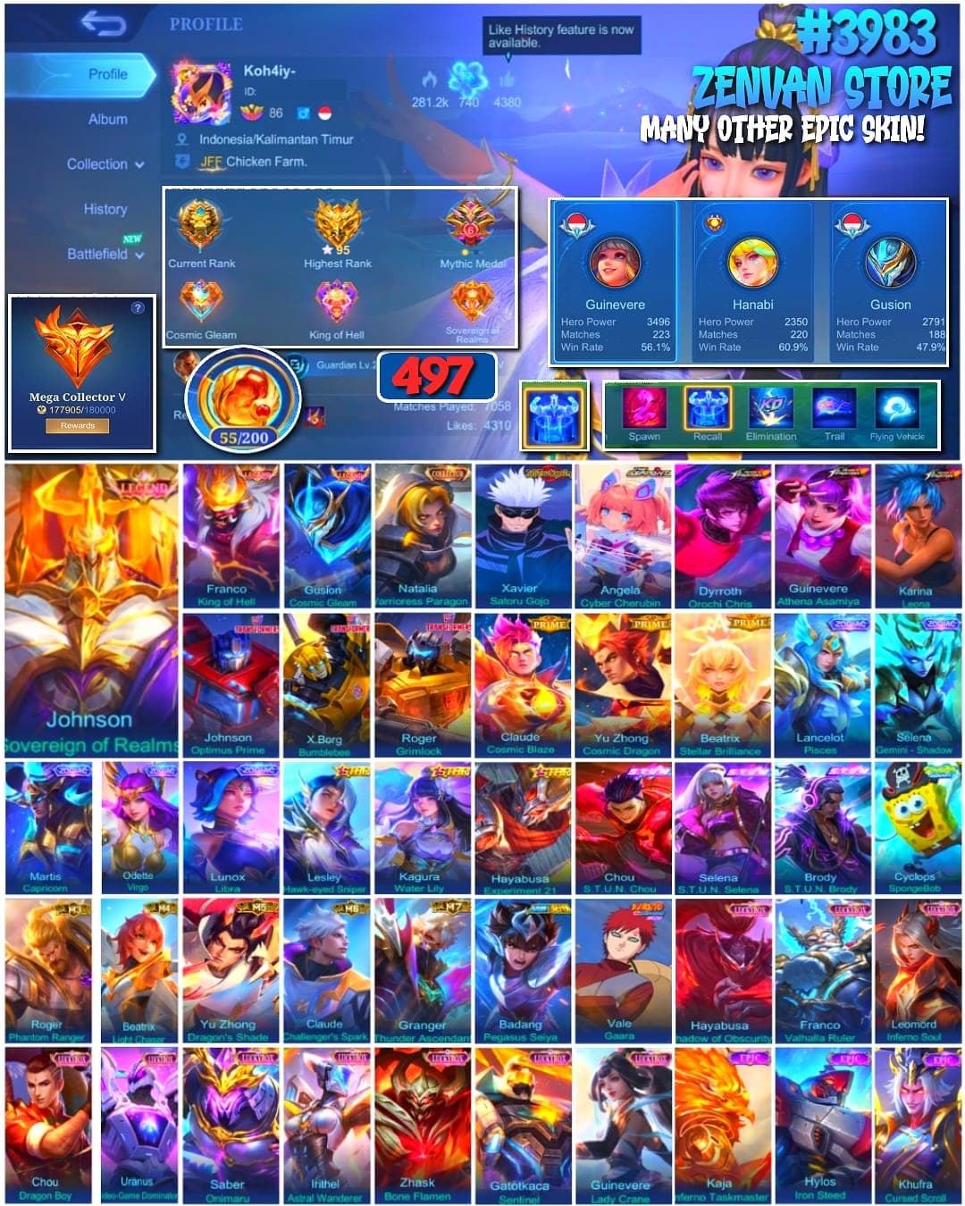Foto akun ML 🔥 #3983 🔥 497 Skins 💎 MEGA COLLECTOR V 👑 Legend Franco King of Hell ⚔️ Legend Gusion Cosmic Gleam ⭐ Jujutsu Kaisen Xavier Gojo 🎯 Collector Natalia ✅ - gambar 1
