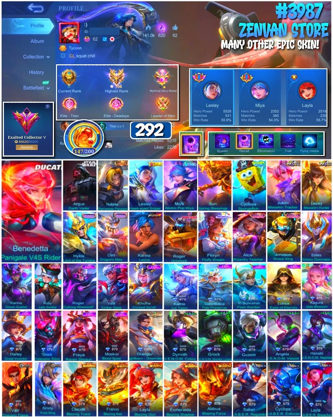 🔥 #3987 🔥 292 Skins 💎 Exalted Collector V 👑 Ducati Skin ⚔️ Star Wars Argus Darth Vader ⭐ Collector Natalia 🌟 Star Lesley 🎯 SpongeBob Cyclops ✅