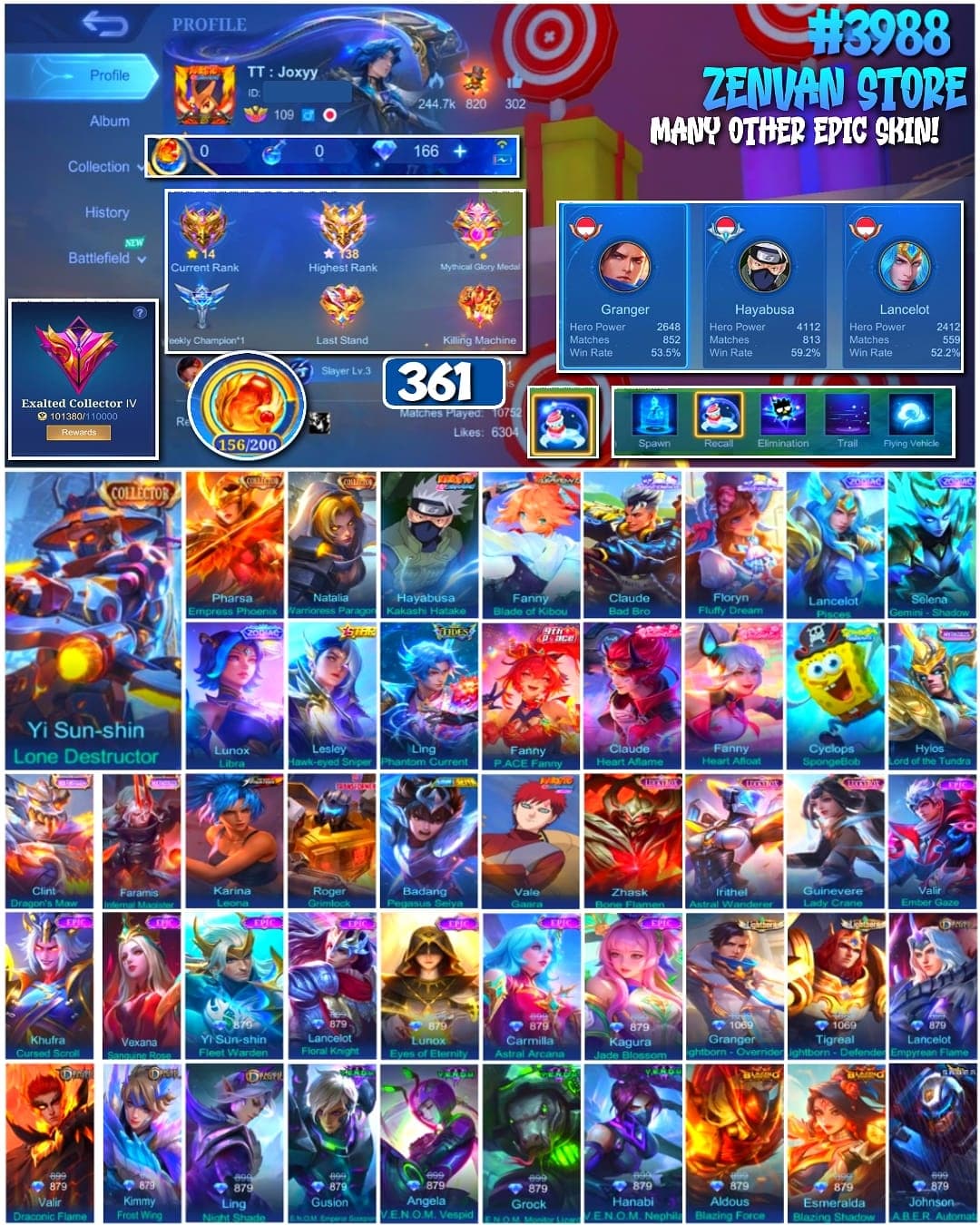 🔥 #3988 🔥 361 Skins 💎 Exalted Collector IV 👑 Collector Pharsa Empress Phoenix ⚔️ Collector Natalia ⭐ Naruto Hayabusa Kakashi 🌟 Fanny Blade of Kibou ✅