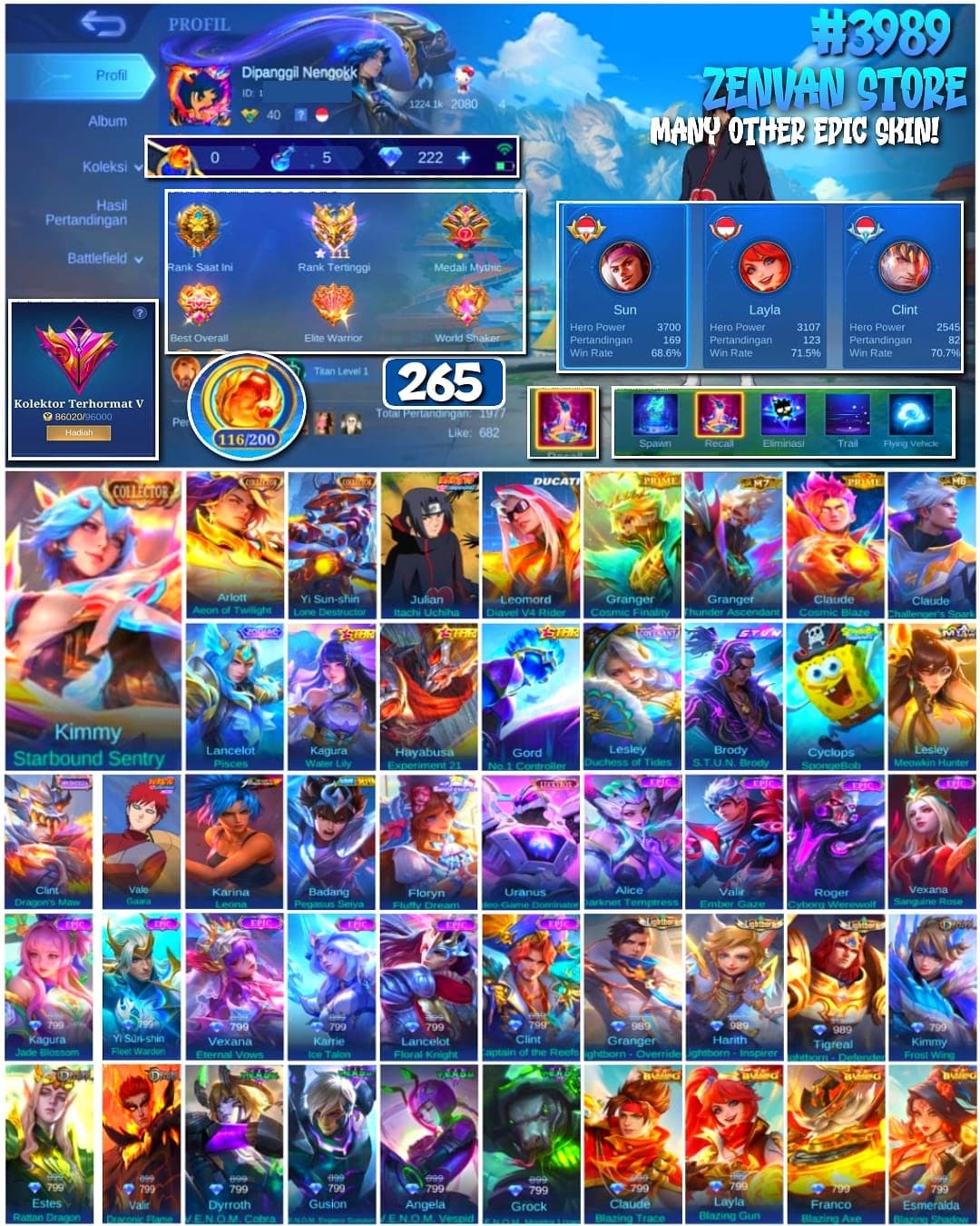 🔥 #3989 🔥 265 Skins 💎 Renowned Collector V 👑 Collector Arlott Aeon of Twilight ⚔️ Collector Yi Sun-shin ⭐ Naruto Julian Itachi 🌟 Ducati Leomord ✅