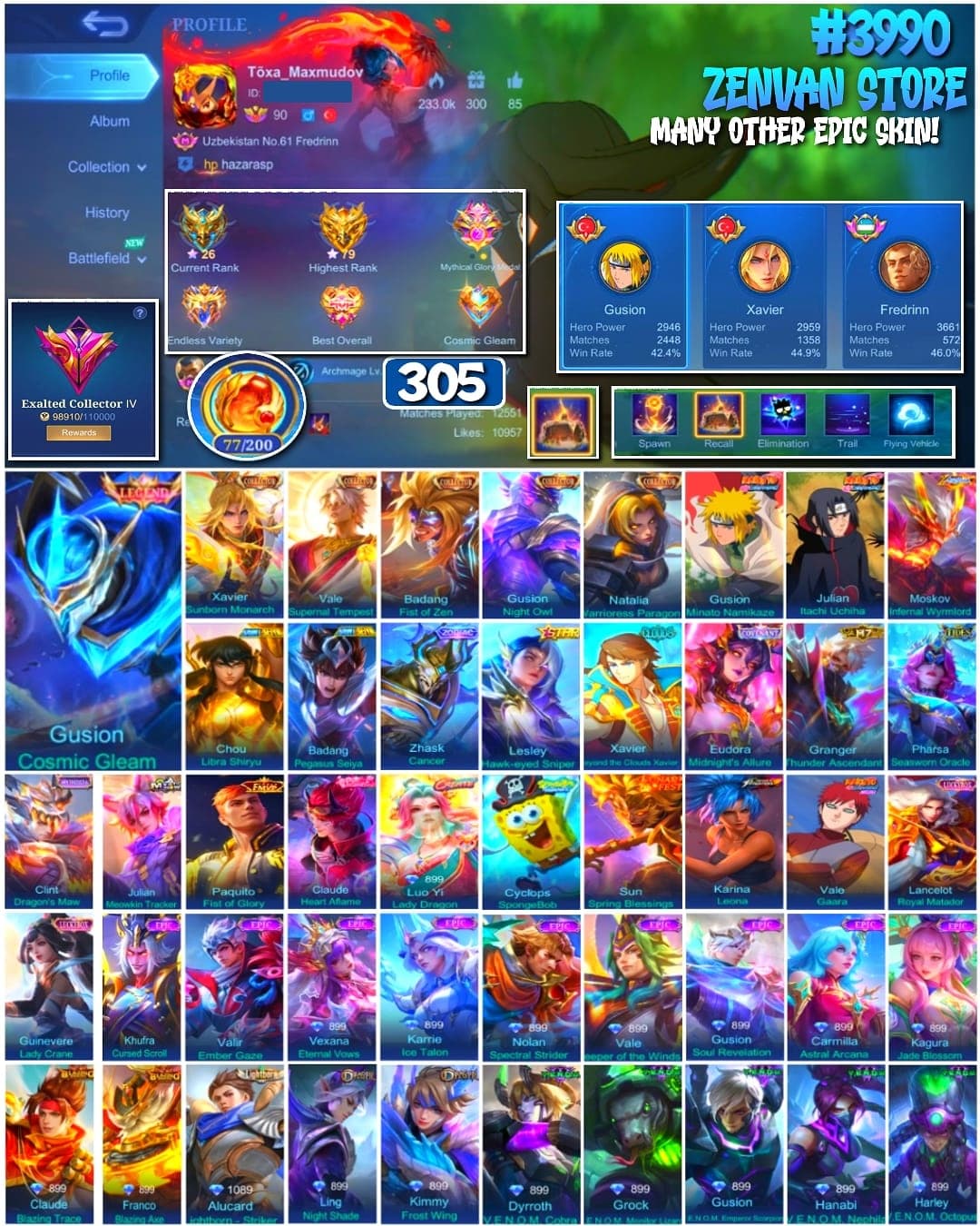 Foto akun ML 🔥 #3990 🔥 305 Skins 💎 Exalted Collector IV 👑 Legend Skin ⚔️ Naruto Minato Gusion & Itachi Julian ⭐ Collector Xavier, Vale, Badang & Natalia 🌟 Mythical Glory ✅ - gambar 1