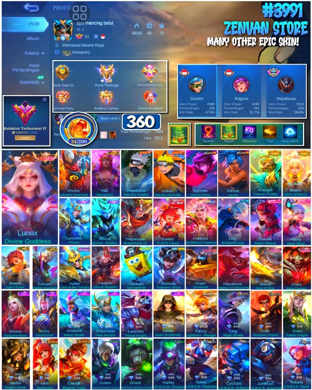 Foto akun ML 🔥 #3991 🔥 360 Skins 💎 Renowned Collector IV 👑 Legend Skin ⚔️ Naruto Kakashi Hayabusa & Naruto Lukas ⭐ KOF Karina Leona 🌟 Prime Granger & Beatrix 🎯 Mythical Glory ✅ - gambar 1