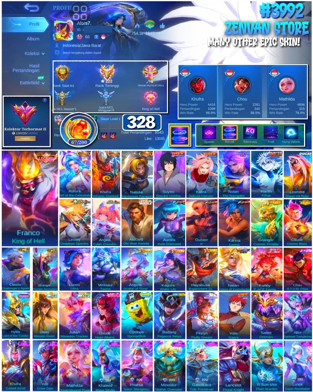 Foto akun ML 🔥 #3992 🔥 328 Skins 💎 Renowned Collector II 👑 Mythical Glory 222★ ⚔️ Naruto Sasuke & Sakura ⭐ HxH Killua Harith 🌟 Ducati Leomord 🎯 Collector Aurora & Natalia ✅ - gambar 1