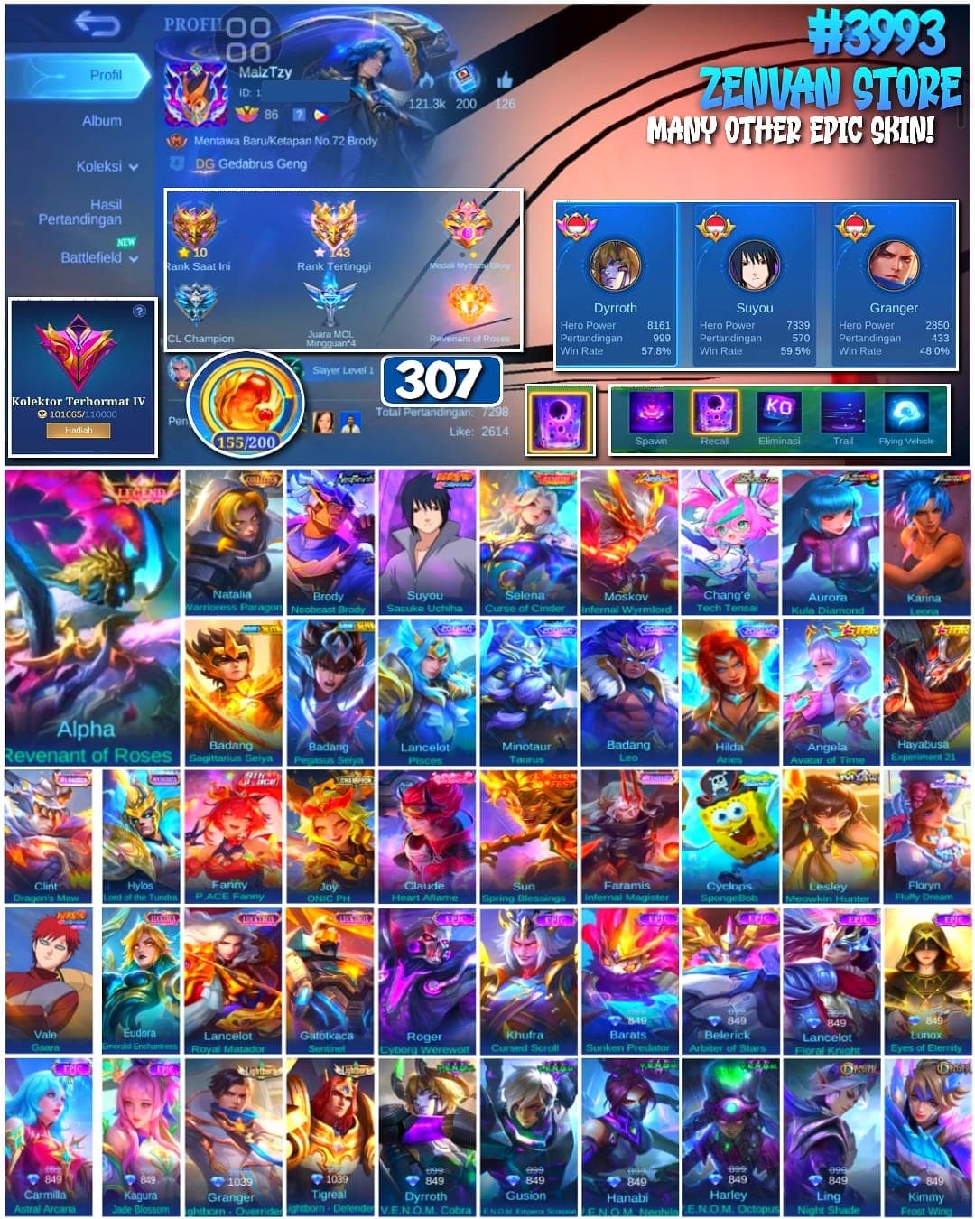 Foto akun ML 🔥 #3993 🔥 307 Skins 💎 Renowned Collector IV 👑 Legend Skin ⚔️ Naruto Sasuke Suyou ⭐ KOF Kula Aurora & Karina Leona 🌟 Neobeast Brody 🎯 Mythical Glory ✅ - gambar 1