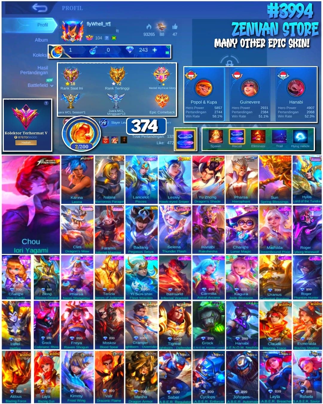 Foto akun ML 🔥 #3994 🔥 374 Skins 💎 Renowned Collector V 👑 Legend Skin ⚔️ KOF Karina Leona ⭐ Zodiac Lancelot Pisces & Lunox 🌟 Star Lesley 🎯 Mythical Glory ✅ - gambar 1
