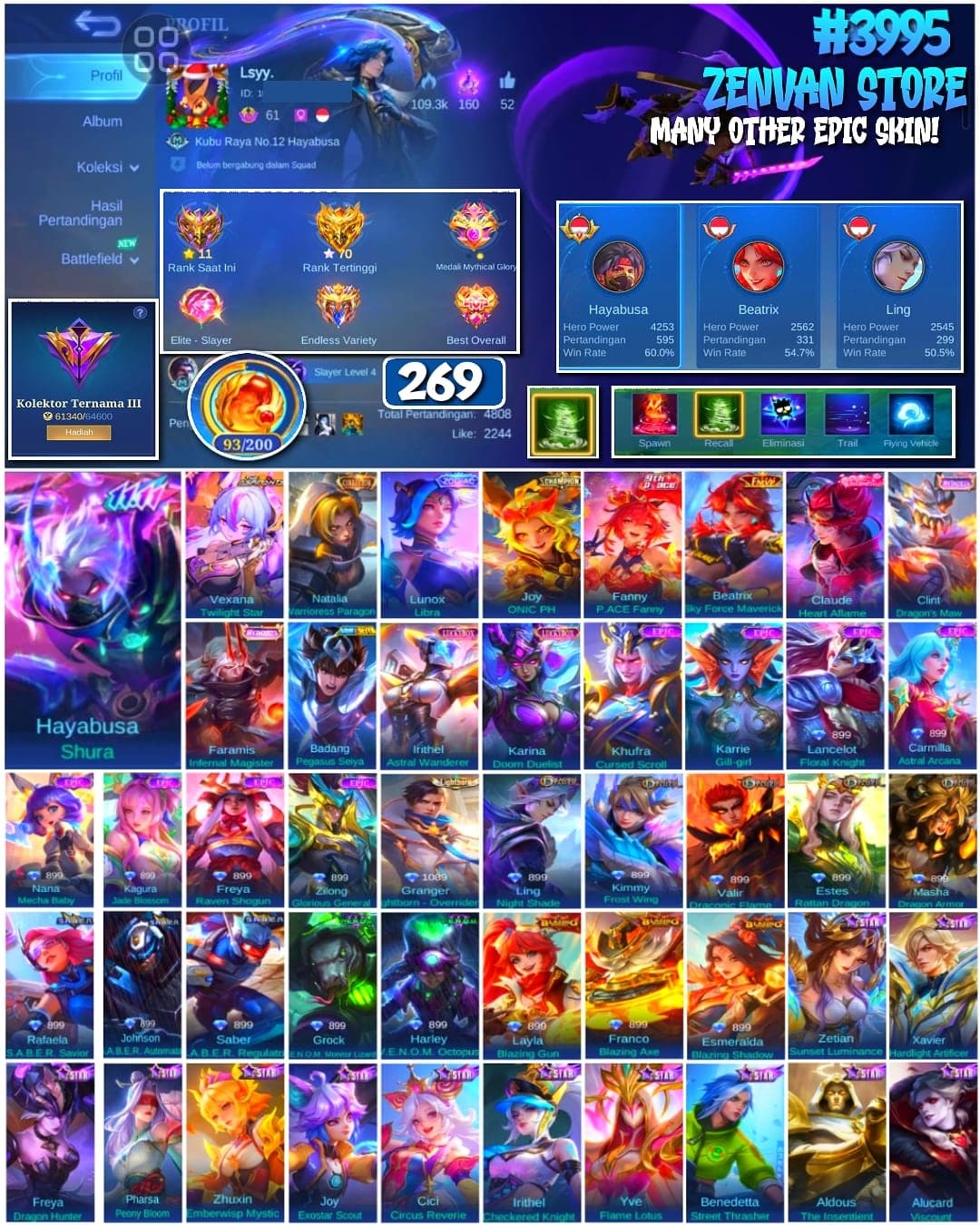 Foto akun ML 🔥 #3995 🔥 269 Skins 💎 Renowned Collector III 👑 Legend Skin ⚔️ M-World Joy ONIC & P.ACE Fanny ⭐ Zodiac Lunox 🌟 Collector Vexana & Natalia 🎯 Mythical Glory ✅ - gambar 1