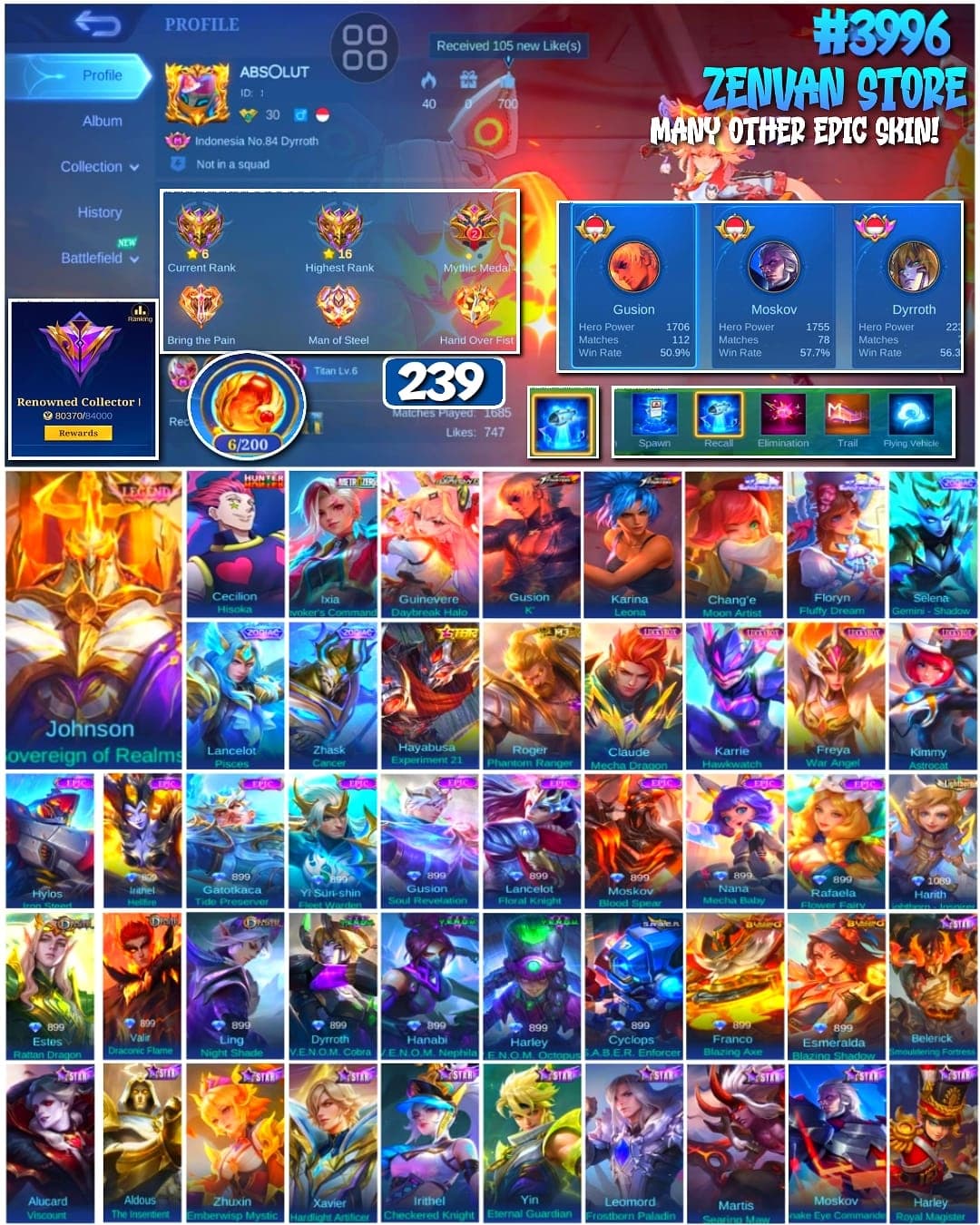 Foto akun ML 🔥 #3996 🔥 239 Skins 💎 Renowned Collector I 👑 Legend Skin ⚔️ HxH Hisoka Cecilion ⭐ KOF K’ Gusion & Karina Leona 🌟 Collector Selena 🎯 Mythic ✅ - gambar 1