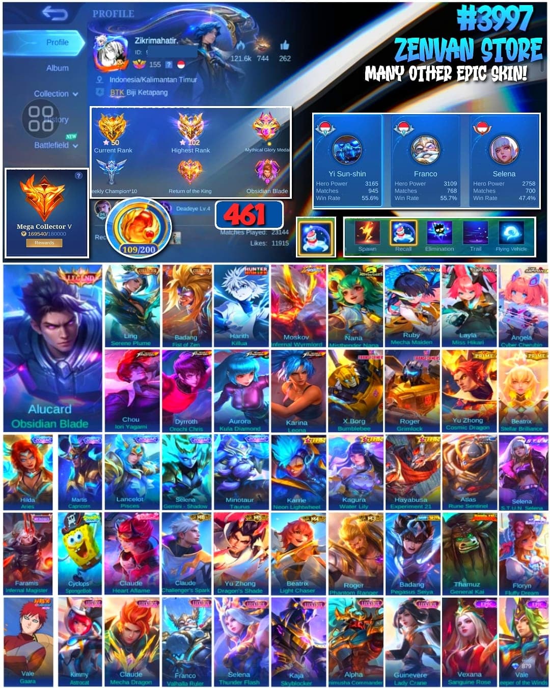 🔥 #3997 🔥 461 Skins 💎 MEGA COLLECTOR V 👑 Legend Skin ⚔️ HxH Killua Harith ⭐ Collector Ling & Badang 🌟 Mistbender Nana 🎯 Mythical Glory ✅