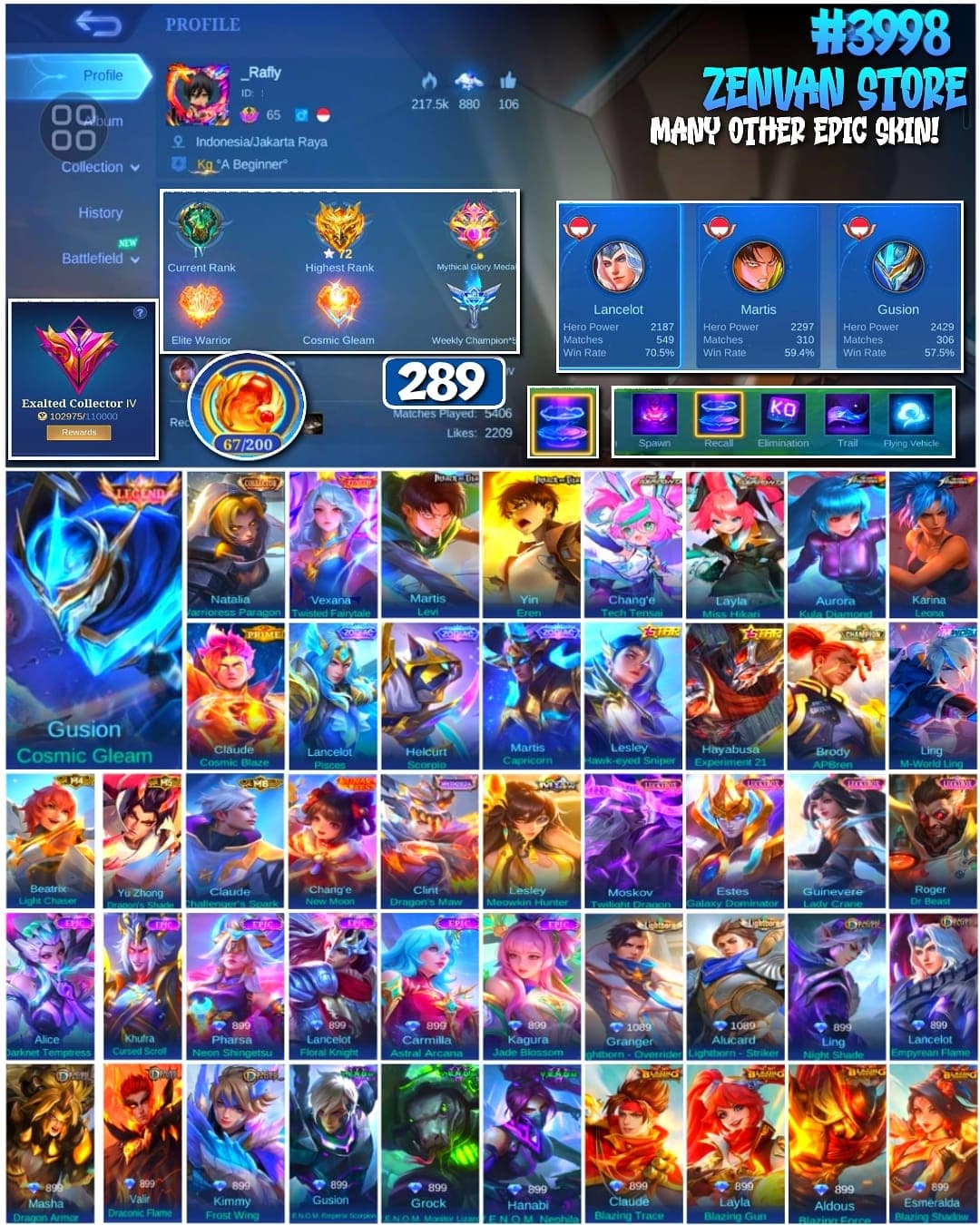 🔥 #3998 🔥 289 Skins 💎 Exalted Collector IV 👑 Legend Skin ⚔️ Attack on Titan Levi Martis & Eren Yin ⭐ KOF Kula Aurora & Karina Leona 🌟 Mythical Glory ✅