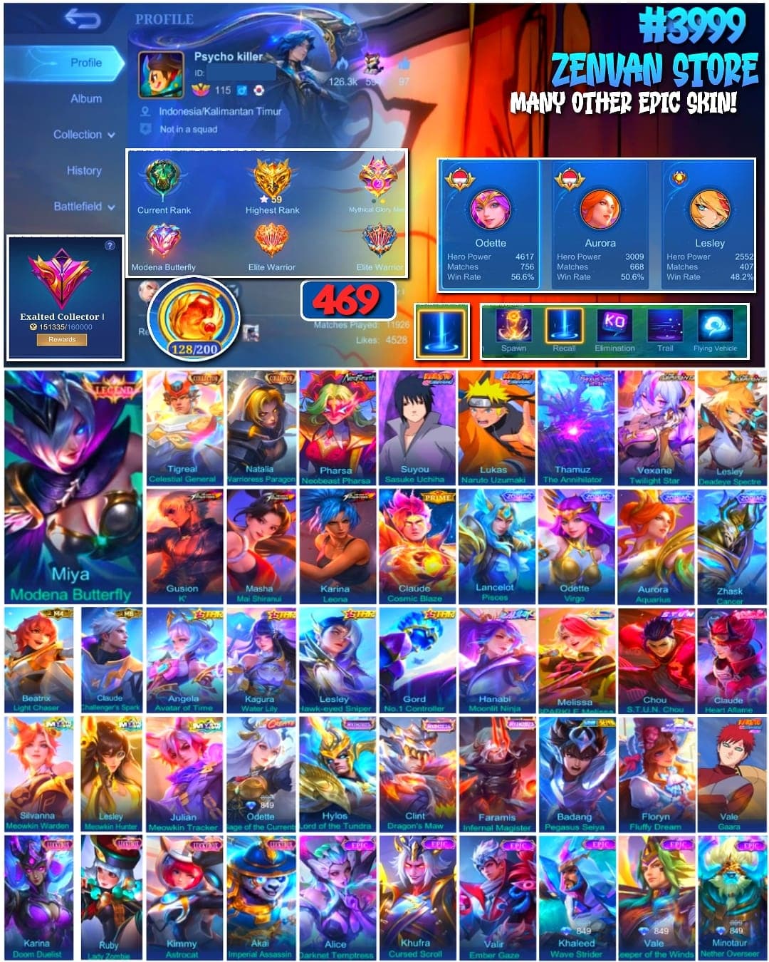 🔥 #3999 🔥 469 Skins 💎 Exalted Collector I 👑 Legend Skin ⚔️ Naruto Sasuke & Naruto Lukas ⭐ Neobeast Pharsa 🌟 Collector Tigreal & Natalia 🎯 Mythical Glory ✅