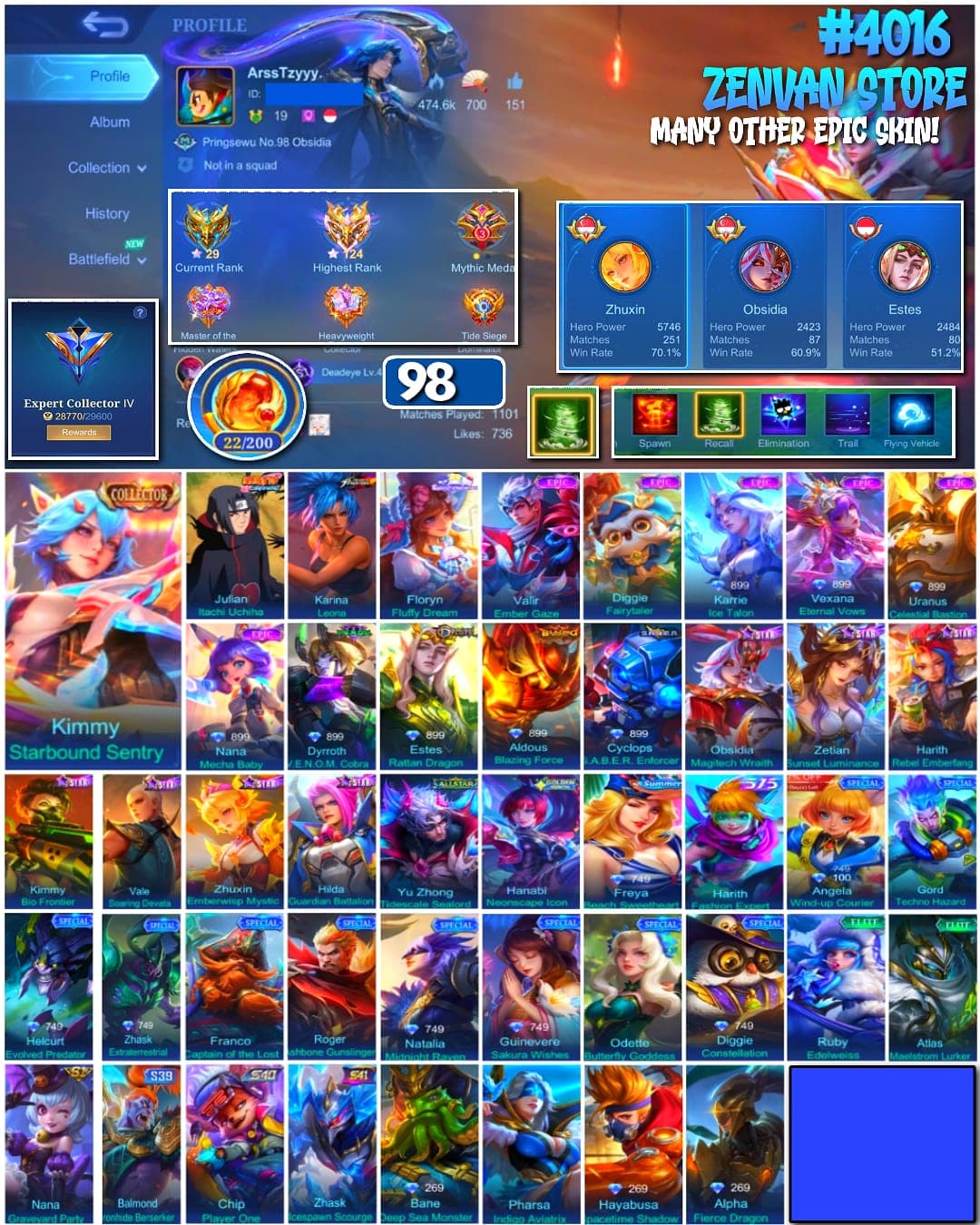🔥 #4016 🔥 98 Skins 💎 Collector Kimmy Starbound Sentry 👑 Expert Collector IV ⚔️ Naruto Itachi Uchiha ⭐ King of Fighters Karina Leona 🌟 Zhuxin Main 70% Win Rate 🎯 V.E.N.O.M. Dyrroth Cobra ✨ S.A.B.E.R. Cyclops Enforcer 🔱 All-Star Yu Zhong Tidescale Sealord ✅ Safe Account