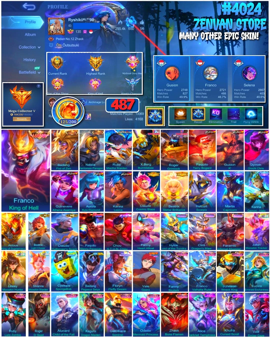 🔥 #4024 🔥 487 Skins 💎 Legend Franco King of Hell 👑 Mega Collector V ⚔️ 6 King of Fighters Skins ⭐ Transformers Bumblebee + Grimlock 🌟 Manny Pacquiao Paquito 🎯 Collector Badang Fist of Zen ✨ Full Meowkin Set 🔱 M1 Aldous King of Supremacy 💎 Highest Rank 60 Stars ✅ Safe Account