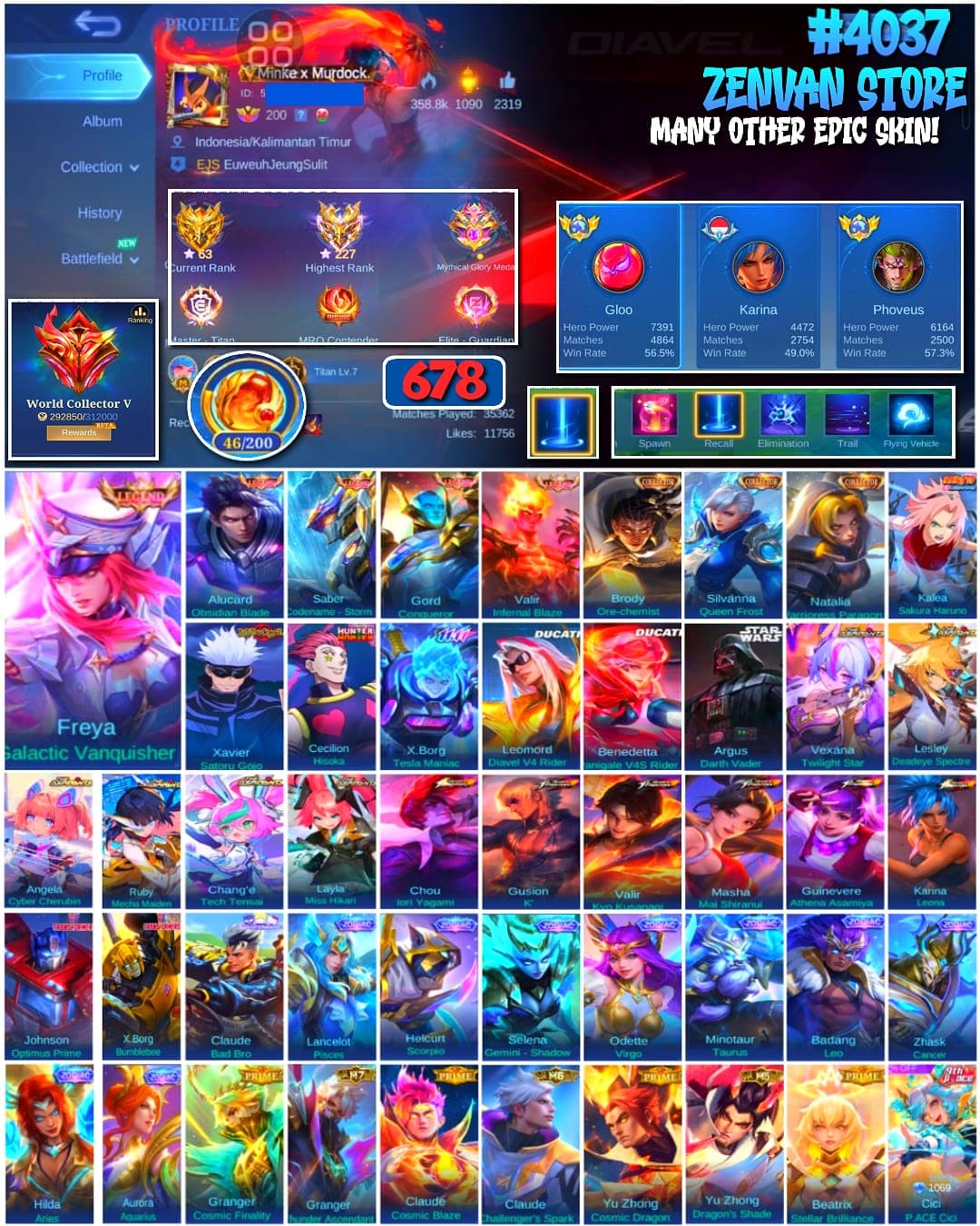 🔥 #4037 🔥 678 Skins 💎 WORLD COLLECTOR V 👑 3 Collector Skins Brody Ore-chemist + Silvanna Queen Frost + Natalia Warrioress Paragon ⚔️ 5 Legend Skins Freya Galactic Vanquisher + Alucard Obsidian Blade + Saber Codename Storm + Gord Conqueror + Valir Infernal Blaze ⭐ 6 King of Fighters Skins Iori + K + Kyo + Mai Shiranui + Athena + Leona 🌟 9 Zodiac Skins 🎯 Highest Rank 227 Stars ✅ Safe Account