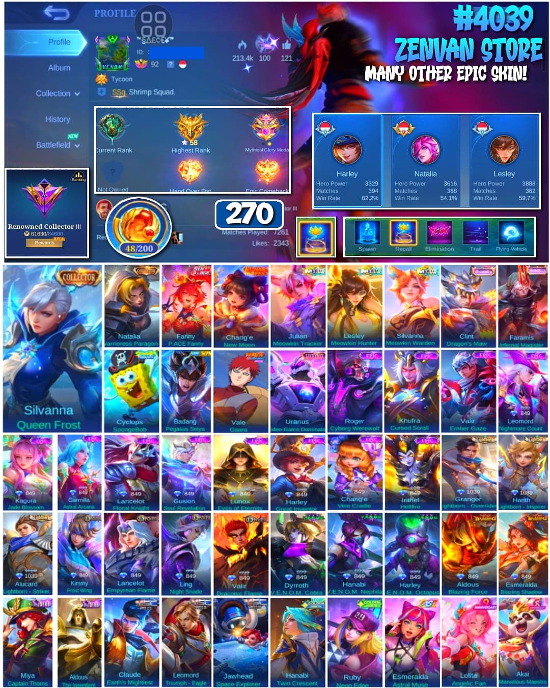 🔥 #4039 🔥 270 Skins 💎 RENOWNED COLLECTOR III 👑 2 Collector Skins Silvanna Queen Frost + Natalia Warrioress Paragon ⚔️ 3 Meowkin Skins Julian + Lesley + Silvanna ⭐ 3 Lightborn Skins Granger Override + Harith Inspirer + Alucard Striker 🌟 3 V.E.N.O.M. Skins Dyrroth Cobra + Hanabi Nephila + Harley Octopus 🎯 Naruto Vale Gaara ✨ Saint Seiya Badang Pegasus Seiya 🔱 SpongeBob Cyclops ✅ Safe Account