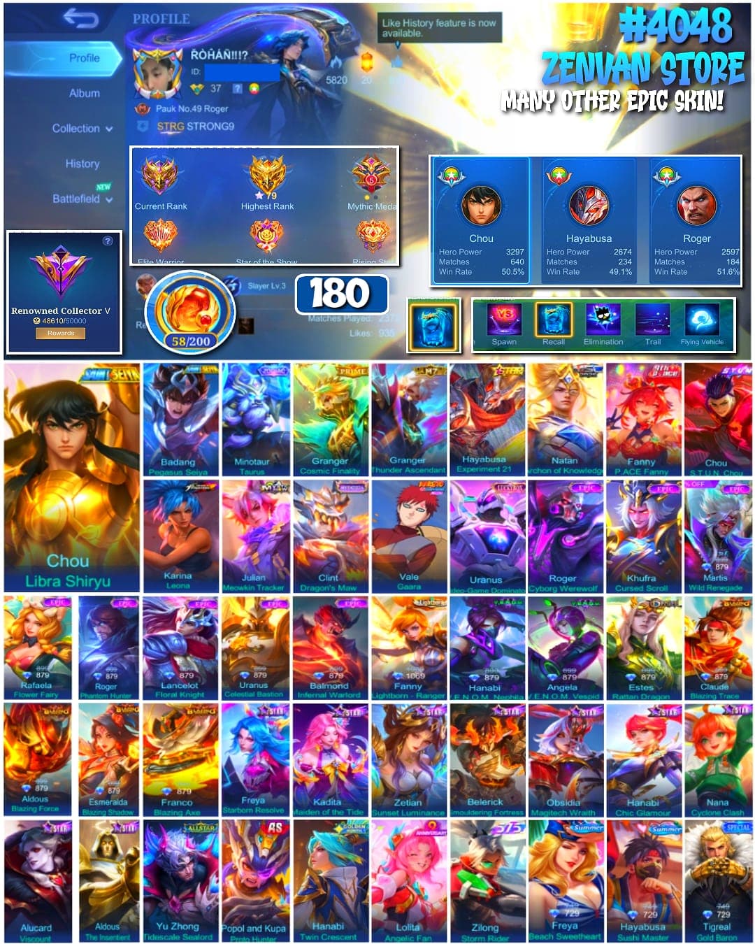 🔥 #4048 🔥 180 Skins 💎 RENOWNED COLLECTOR V 👑 2 Saint Seiya Skins Chou Libra Shiryu + Badang Pegasus Seiya ⚔️ Naruto Vale Gaara ⭐ 2 Fanny Skins P.ACE Fanny + Lightborn Ranger 🌟 Angela V.E.N.O.M. Vespid 🎯 Prime Granger Cosmic Finality ✨ M7 Granger Thunder Ascendant ✅ Safe Account