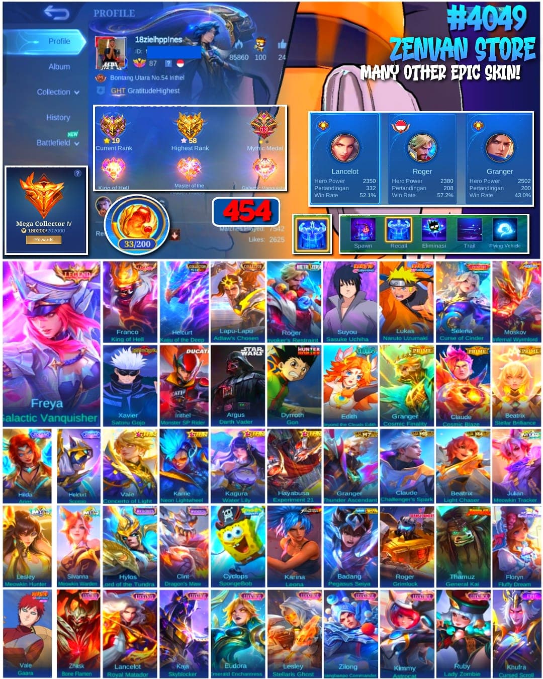 🔥 #4049 🔥 454 Skins 💎 MEGA COLLECTOR IV 👑 2 Legend Skins Freya Galactic Vanquisher + Franco King of Hell ⚔️ 2 Collector Skins Helcurt Kaiju of the Deep + Lapu-Lapu Adlaws Chosen ⭐ Jujutsu Kaisen Xavier Satoru Gojo 🌟 Star Wars Argus Darth Vader 🎯 Fanny Lightborn Ranger ✅ Safe Account