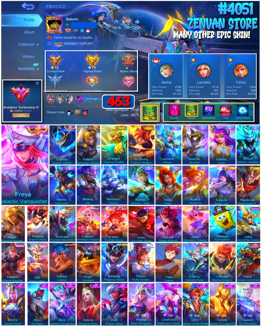 🔥 #4051 🔥 463 Skins 💎 Honored Collector II 👑 Legend Freya Galactic ⚔️ Legend Gusion Cosmic Gleam ⭐ Vale Gaara 🌟 KOF Karina Leona 🎯 Full Zodiac Set ✨ Mythical Glory 79 ✅ Safe Account