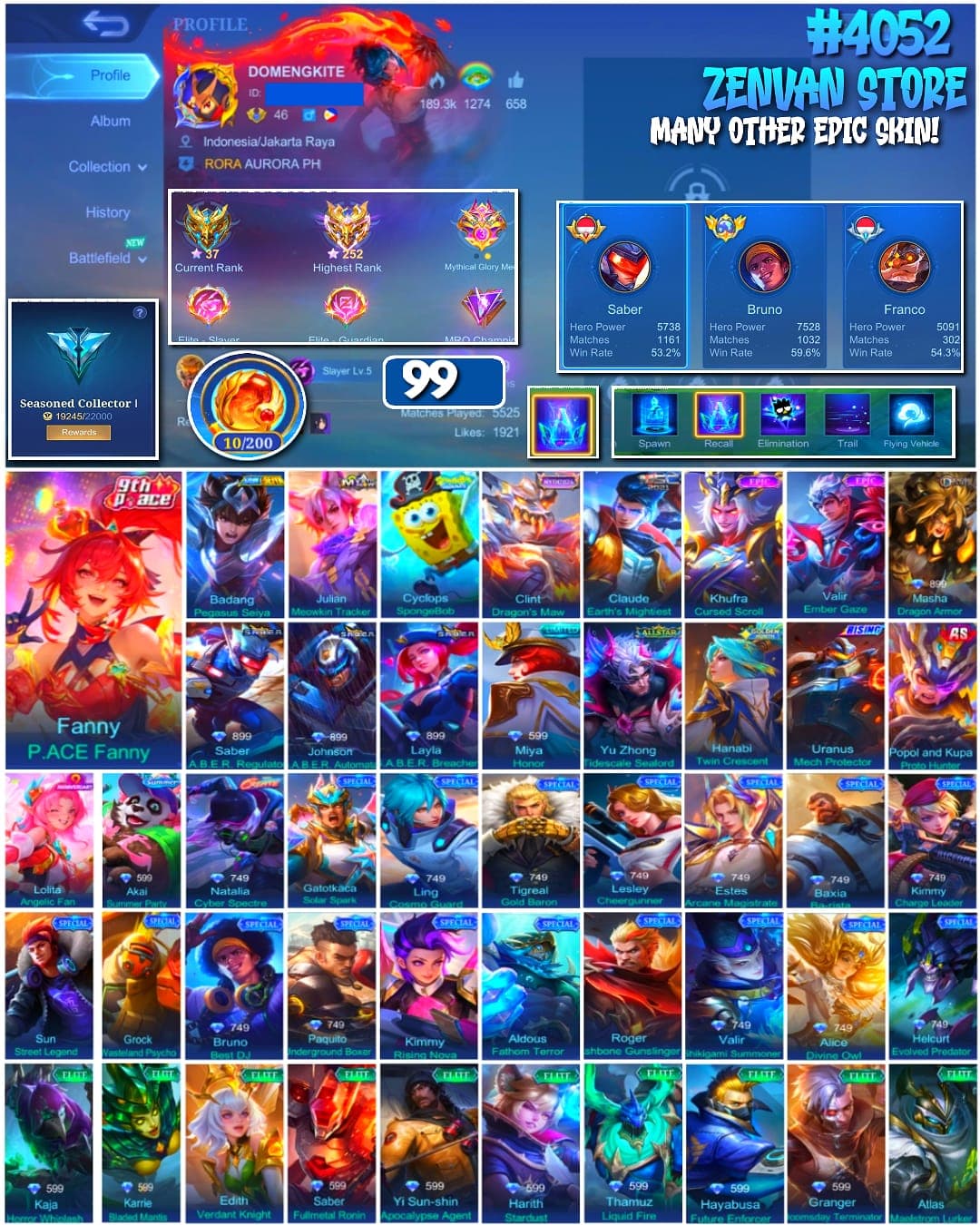 🔥 #4052 🔥 99 Skins 💎 Fanny P.ACE 👑 Highest Rank 252 Stars ⚔️ Full SABER Set ⭐ Claude Earths Mightiest 🌟 Epic Skins ✅ Safe Account