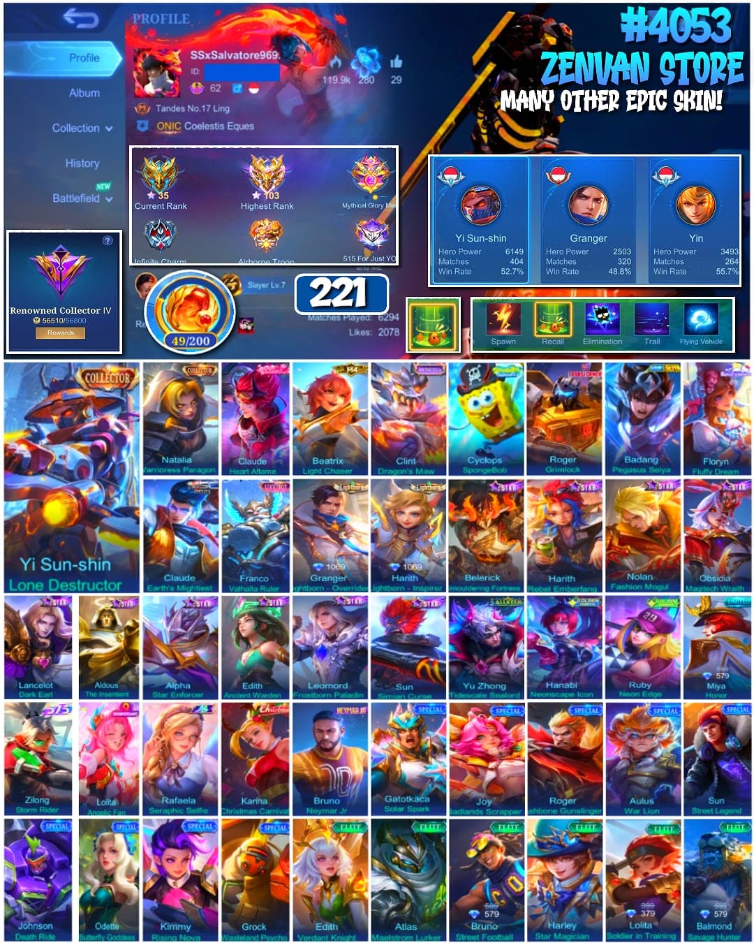 🔥 #4053 🔥 221 Skins 💎 Collector Yi Sun-shin 👑 Collector Natalia ⚔️ Bruno Neymar Jr ⭐ Lightborn Set 🌟 Mythical Glory 103 ✅ Safe Account