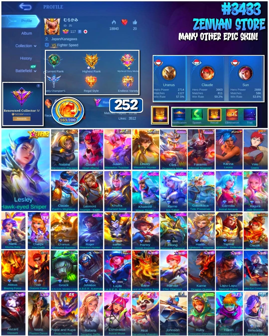 Foto akun ML 🔥 #3433 🔥 252 Skins 💎 Collector Natalia 👑 KoF Karina ⚔️ Many Epic ✅ - gambar 1