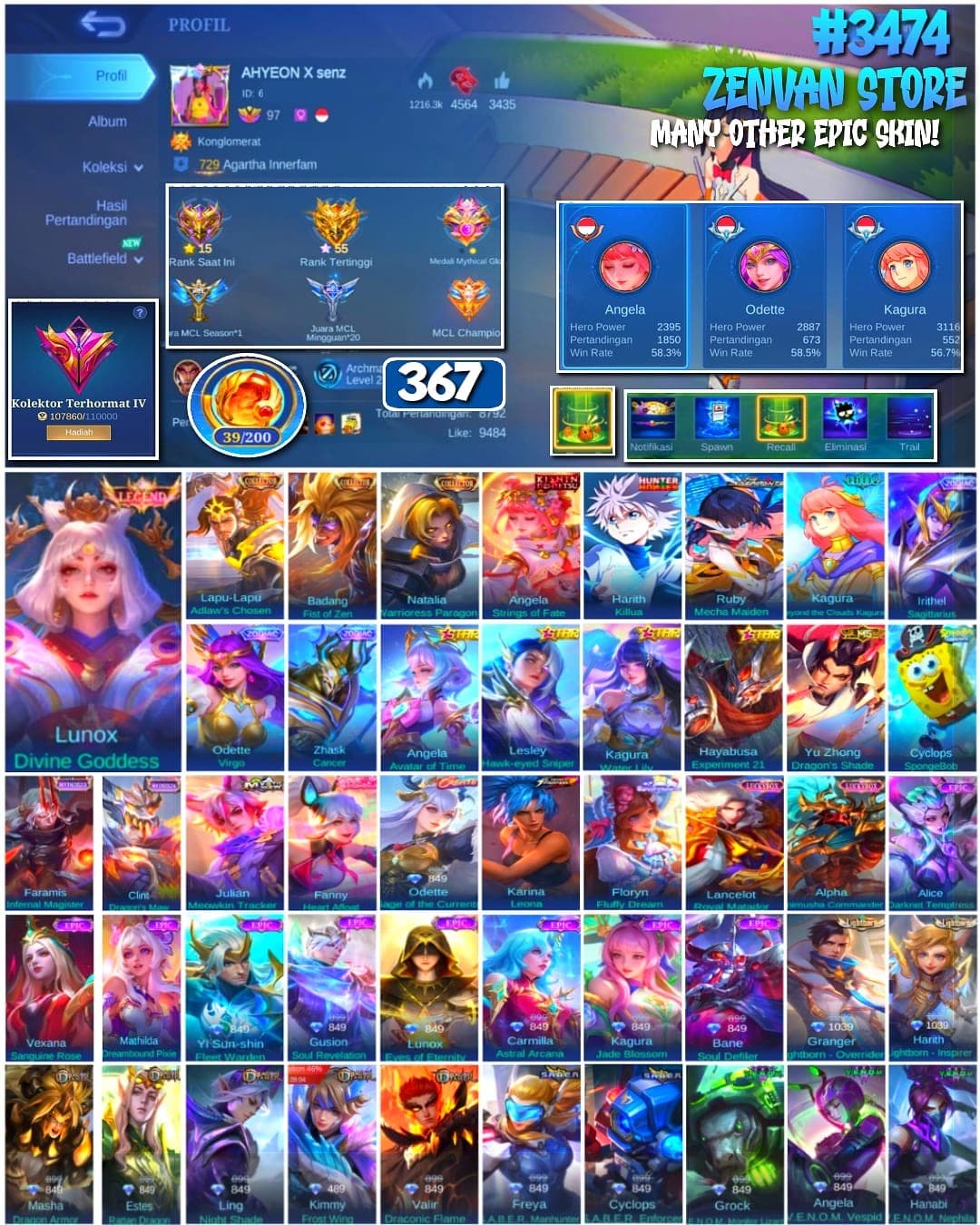 Foto akun ML 🔥 #3474 🔥 367 Skins 💎 Legend Lunox 👑 Collector Lapu-Lapu, Badang & Natalia ⚔️ Kinsin Angela ⭐ Many Limited 🌟 Many Zodiacs 🎯 Many Epic ✅ - gambar 1