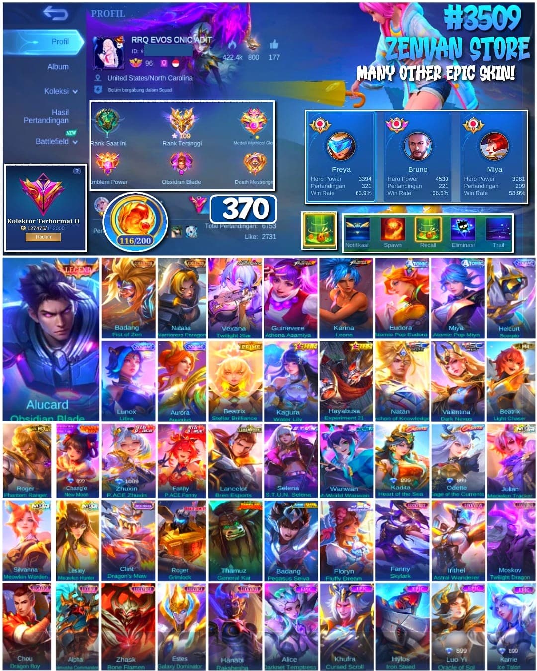 🔥 #3509 🔥 370 Skins 💎 Legend Franco 👑 Collector Badang & Natalia ⚔️ Aspirant Vexana ⭐ Prime Beatrix 🌟 Many Limited 🎯 Many Epic ✅
