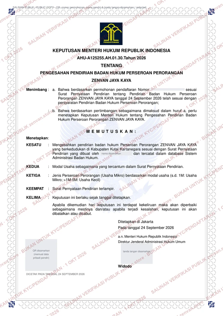 Public copy of the incorporation decree of PT ZENVAN JAYA KAYA, operator of ZenVan Store