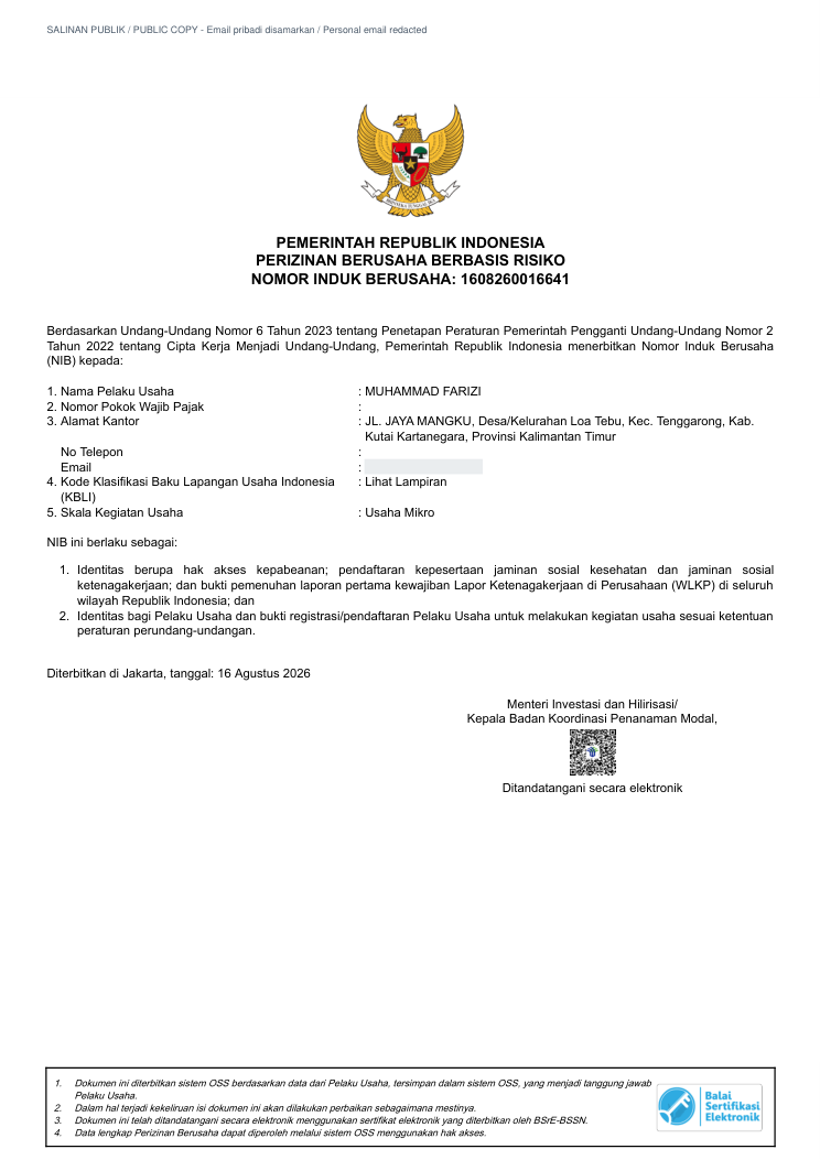 Salinan publik NIB atas nama Muhammad Farizi, pengelola ZenVan Store